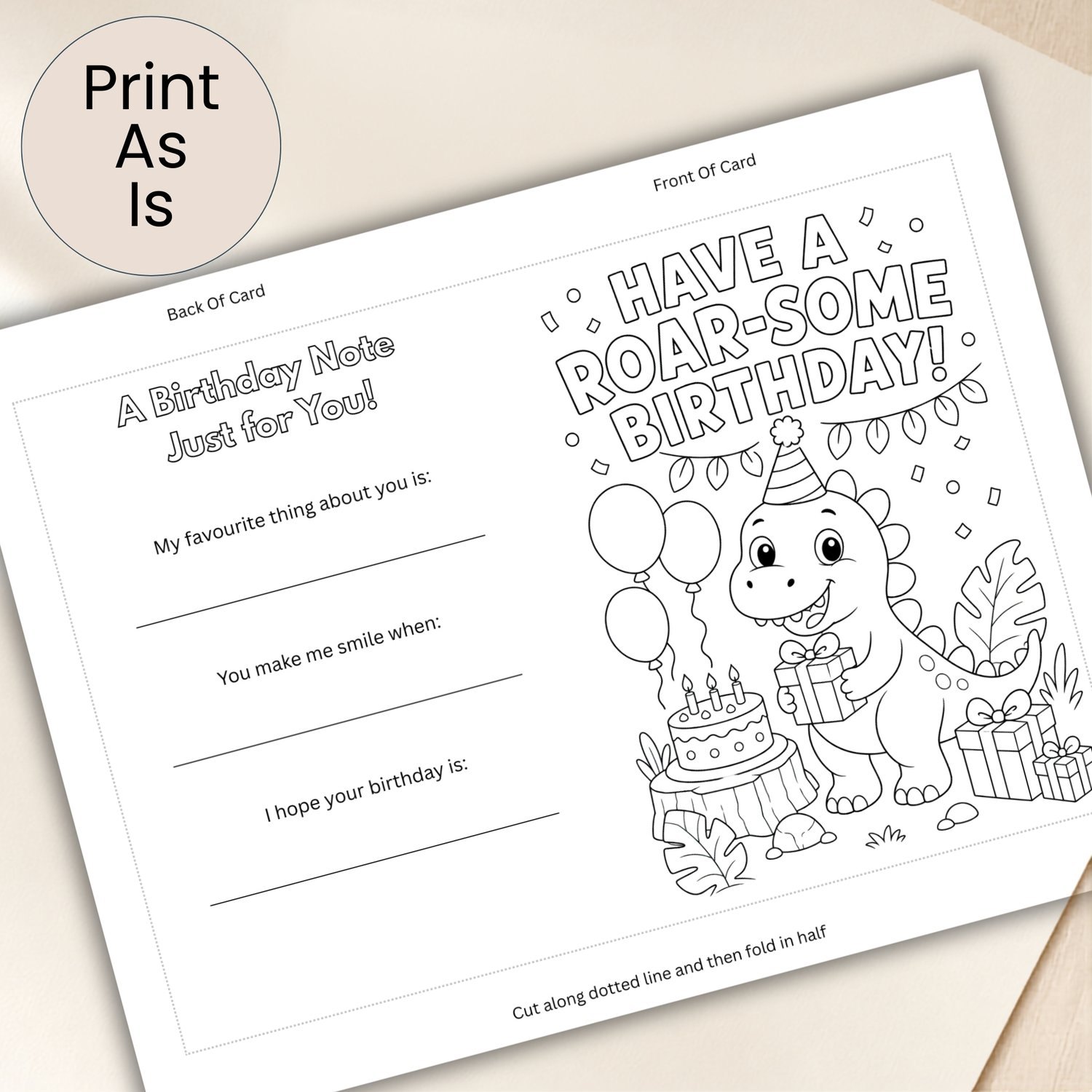 Printable black-and-white dinosaur birthday card featuring a friendly party dinosaur, balloons, birthday cake and presents, with a colour-in cover and keepsake birthday prompts on the back.