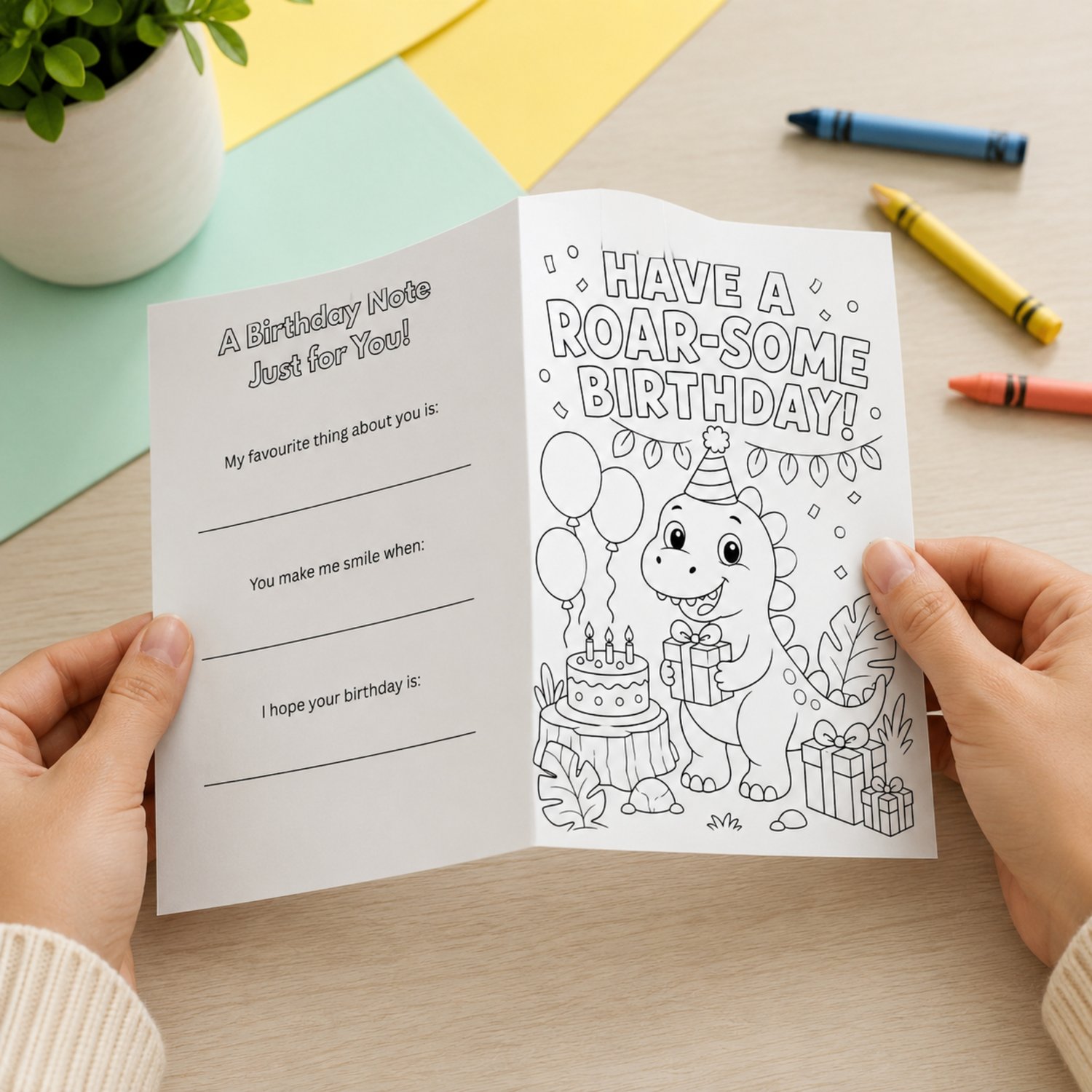 Printable black-and-white dinosaur birthday card featuring a friendly party dinosaur, balloons, birthday cake and presents, with a colour-in cover and keepsake birthday prompts on the back.