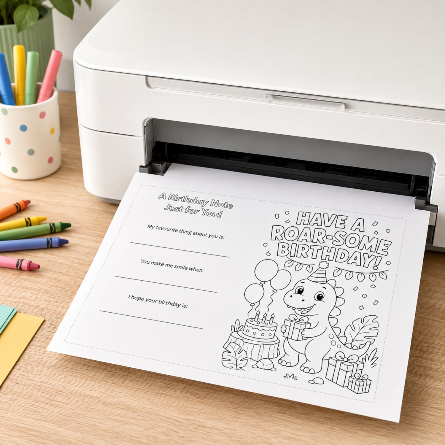 Printable black-and-white dinosaur birthday card featuring a friendly party dinosaur, balloons, birthday cake and presents, with a colour-in cover and keepsake birthday prompts on the back.