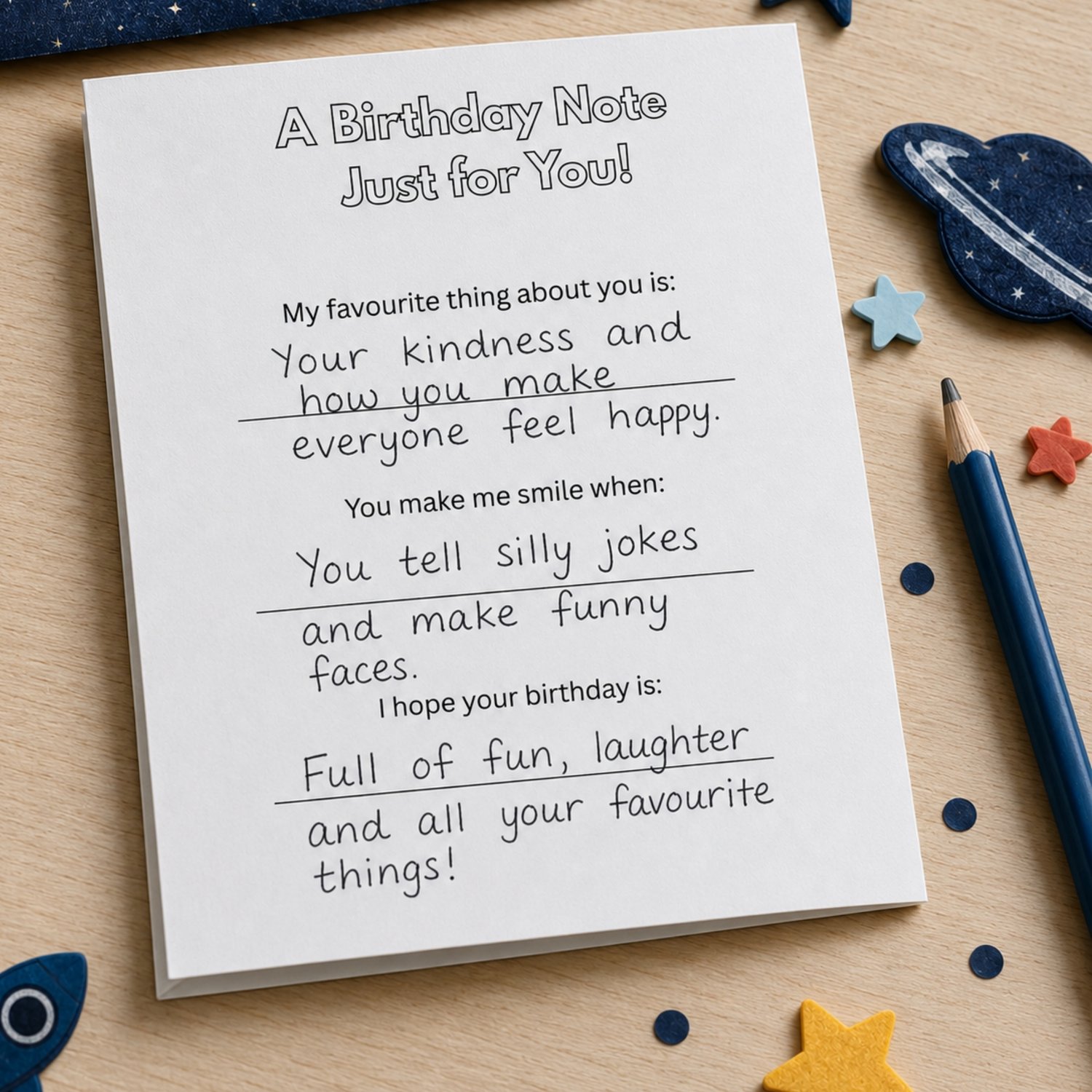 Printable black-and-white space birthday card featuring a smiling astronaut, rocket, planets, stars, balloons, presents and cake. The 5 × 7-inch folded card has an Out of This World Birthday coloring cover, fill-in keepsake questions on the back and a bla