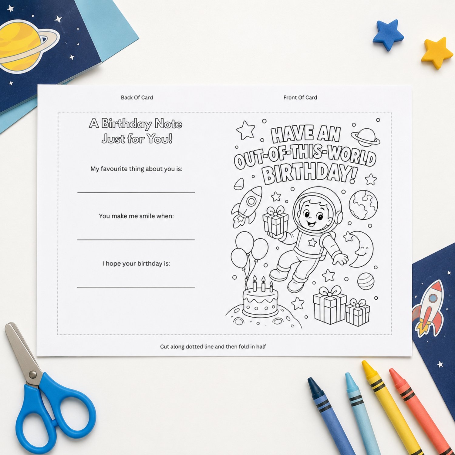 Printable black-and-white space birthday card featuring a smiling astronaut, rocket, planets, stars, balloons, presents and cake. The 5 × 7-inch folded card has an Out of This World Birthday coloring cover, fill-in keepsake questions on the back and a bla