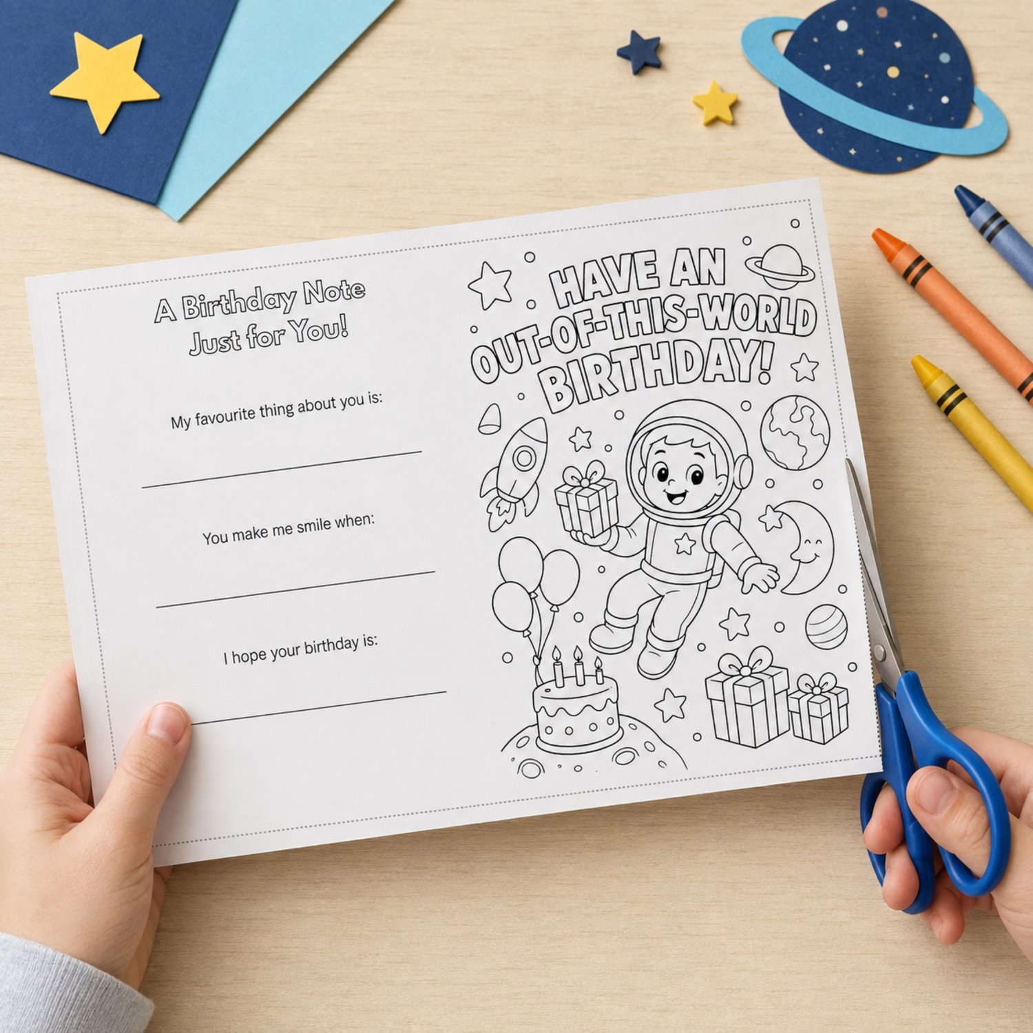 Printable black-and-white space birthday card featuring a smiling astronaut, rocket, planets, stars, balloons, presents and cake. The 5 × 7-inch folded card has an Out of This World Birthday coloring cover, fill-in keepsake questions on the back and a bla
