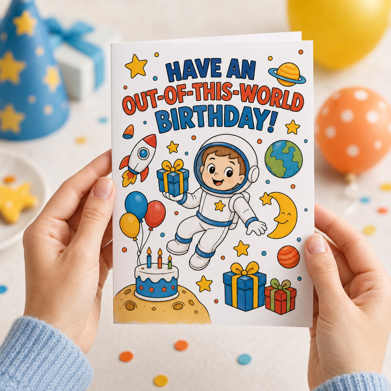 Printable black-and-white space birthday card featuring a smiling astronaut, rocket, planets, stars, balloons, presents and cake. The 5 × 7-inch folded card has an Out of This World Birthday coloring cover, fill-in keepsake questions on the back and a bla