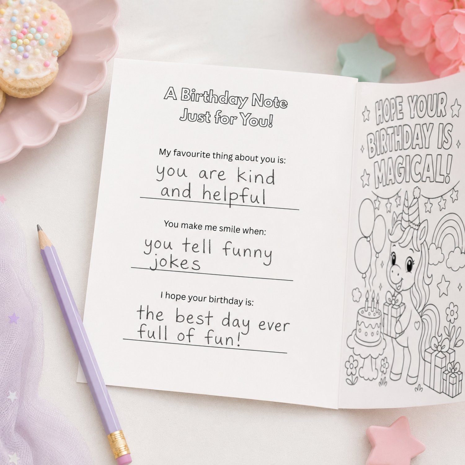 Printable 5 by 7 inch unicorn birthday coloring card featuring a cheerful unicorn, rainbow, balloons, cake, presents and the words Hope Your Birthday Is Magical. The back includes three fill-in birthday keepsake prompts for children.