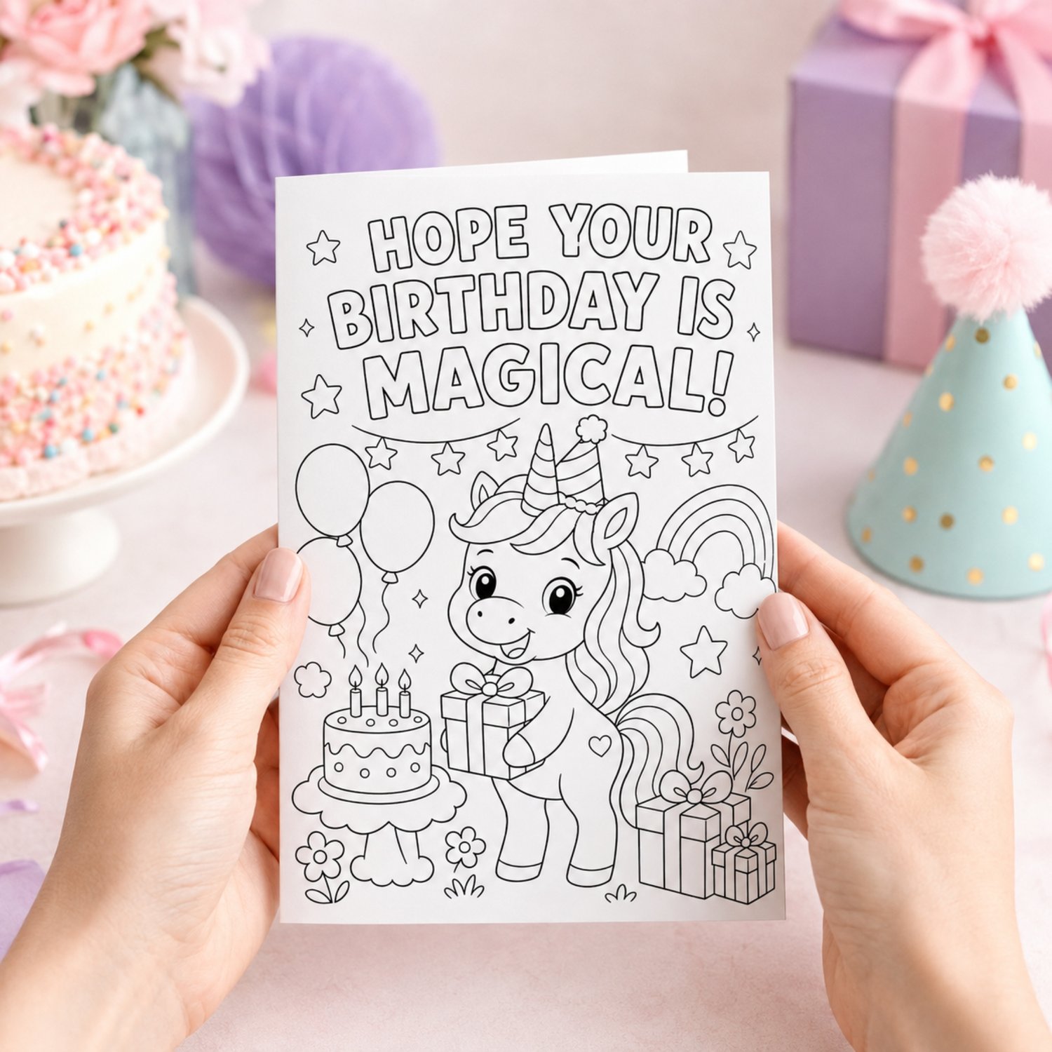 Printable 5 by 7 inch unicorn birthday coloring card featuring a cheerful unicorn, rainbow, balloons, cake, presents and the words Hope Your Birthday Is Magical. The back includes three fill-in birthday keepsake prompts for children.
