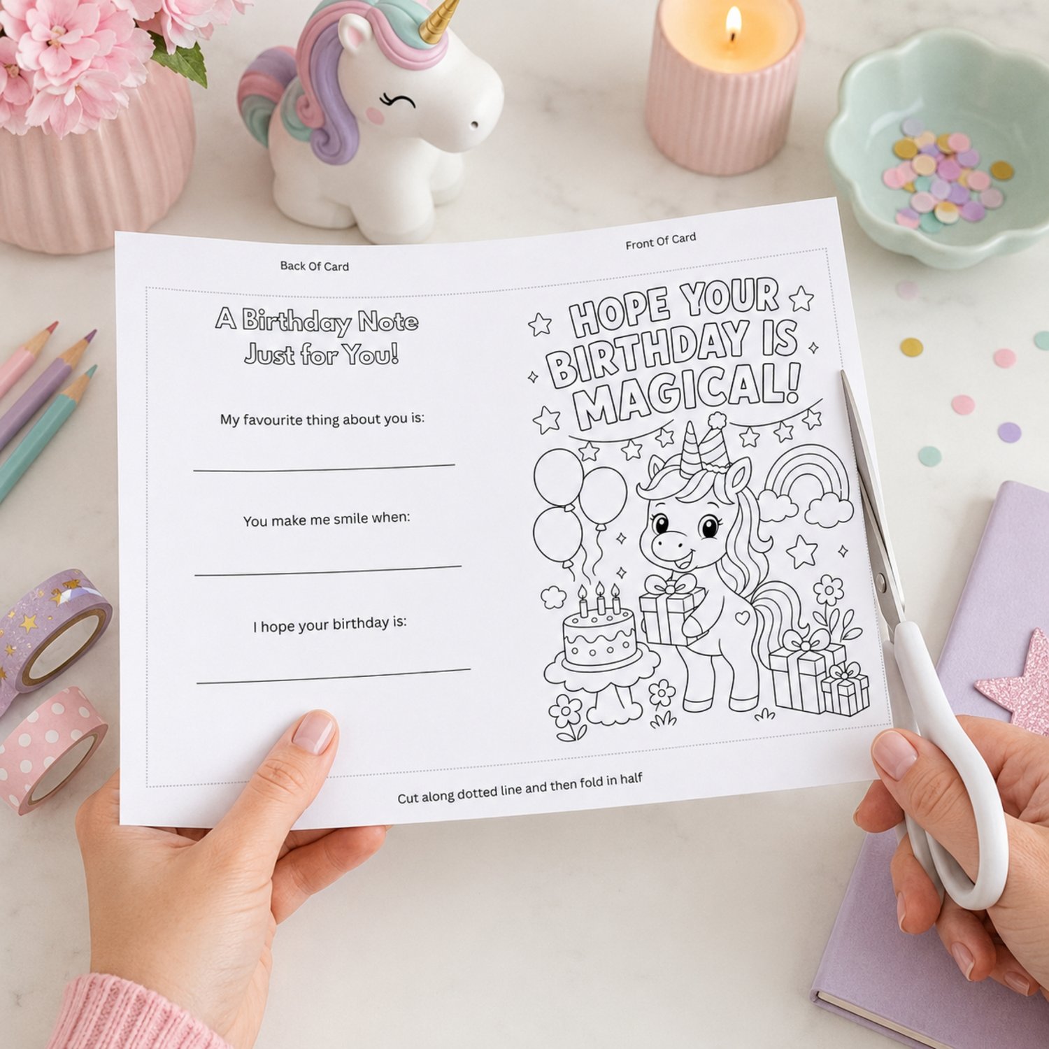 Printable 5 by 7 inch unicorn birthday coloring card featuring a cheerful unicorn, rainbow, balloons, cake, presents and the words Hope Your Birthday Is Magical. The back includes three fill-in birthday keepsake prompts for children.