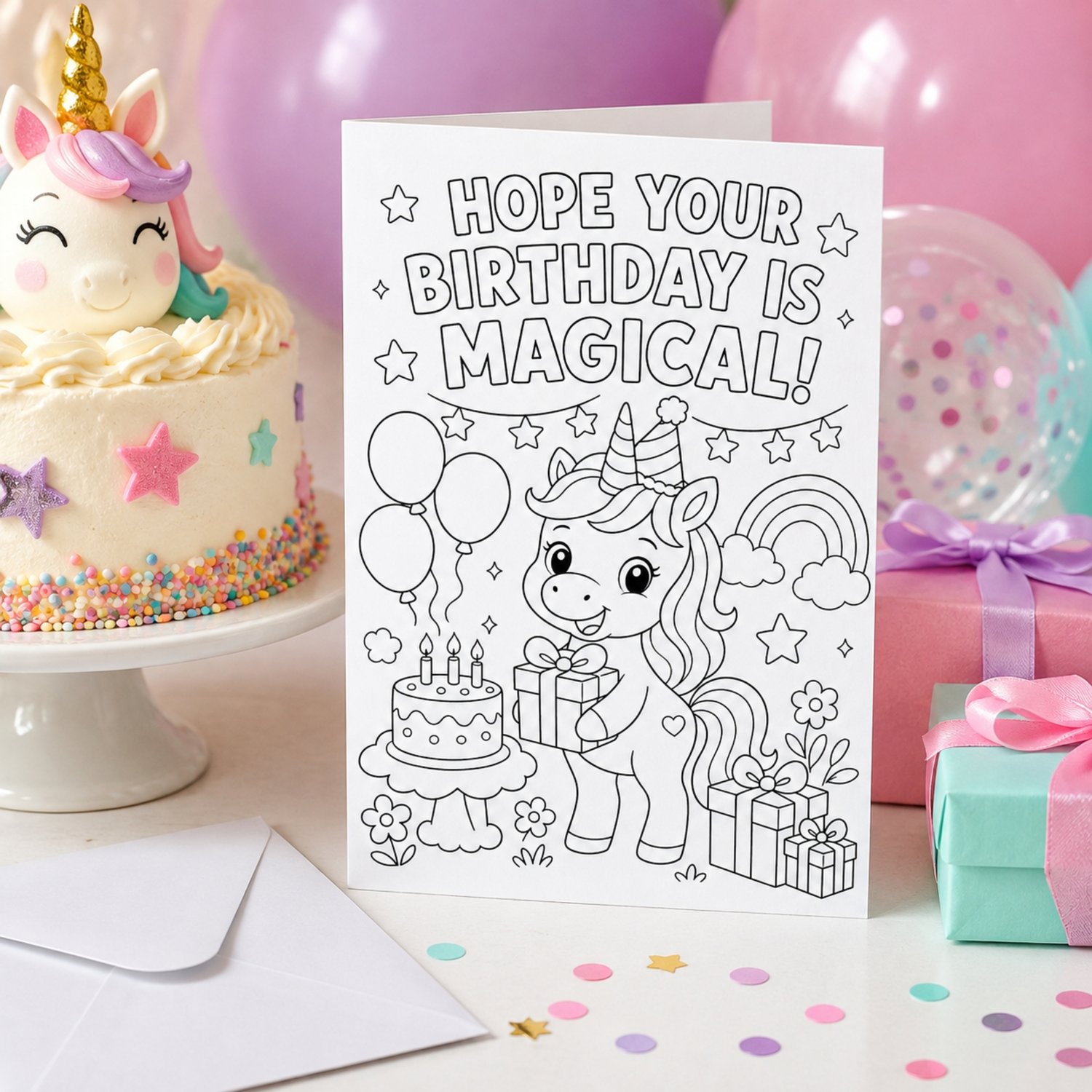 Printable 5 by 7 inch unicorn birthday coloring card featuring a cheerful unicorn, rainbow, balloons, cake, presents and the words Hope Your Birthday Is Magical. The back includes three fill-in birthday keepsake prompts for children.