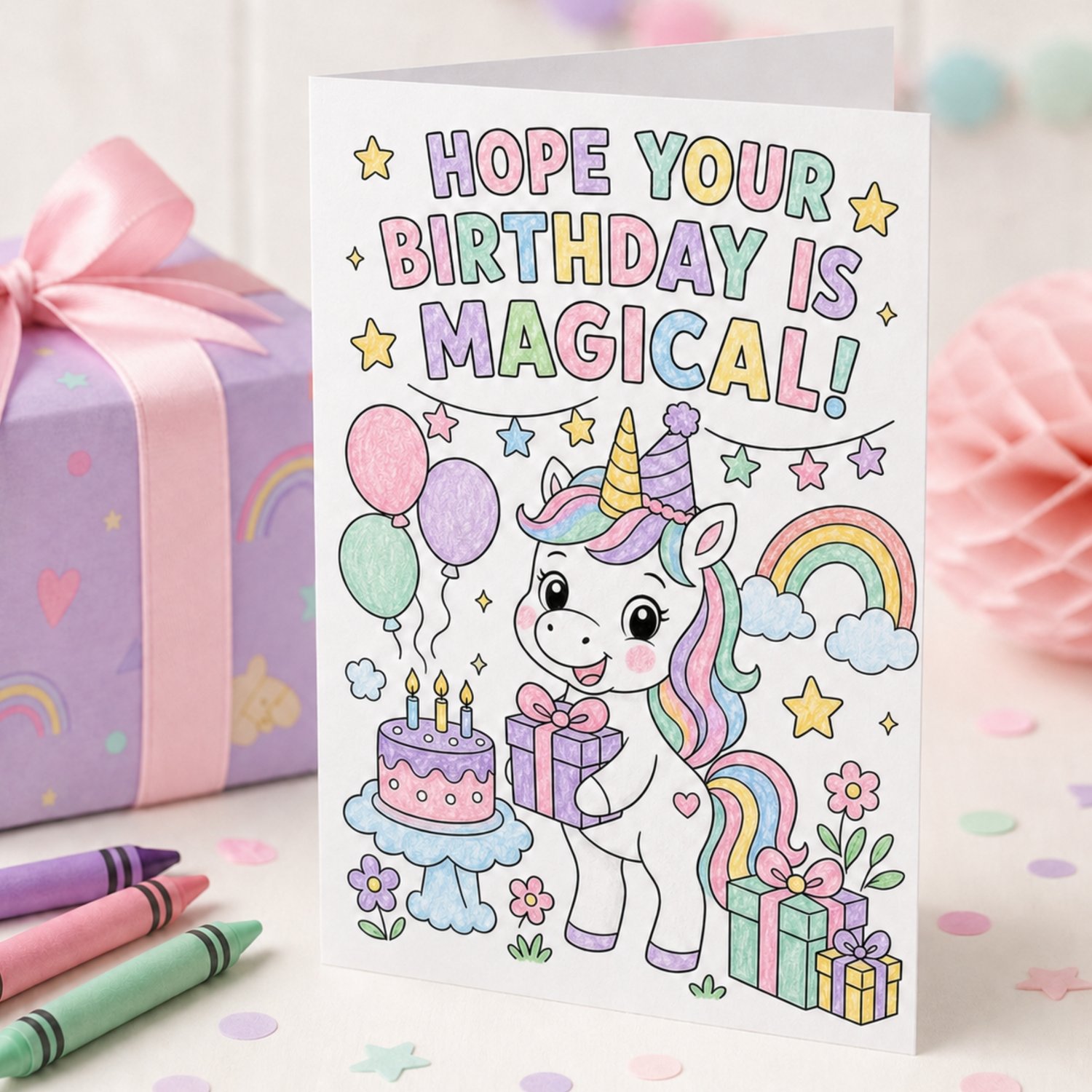 Printable 5 by 7 inch unicorn birthday coloring card featuring a cheerful unicorn, rainbow, balloons, cake, presents and the words Hope Your Birthday Is Magical. The back includes three fill-in birthday keepsake prompts for children.