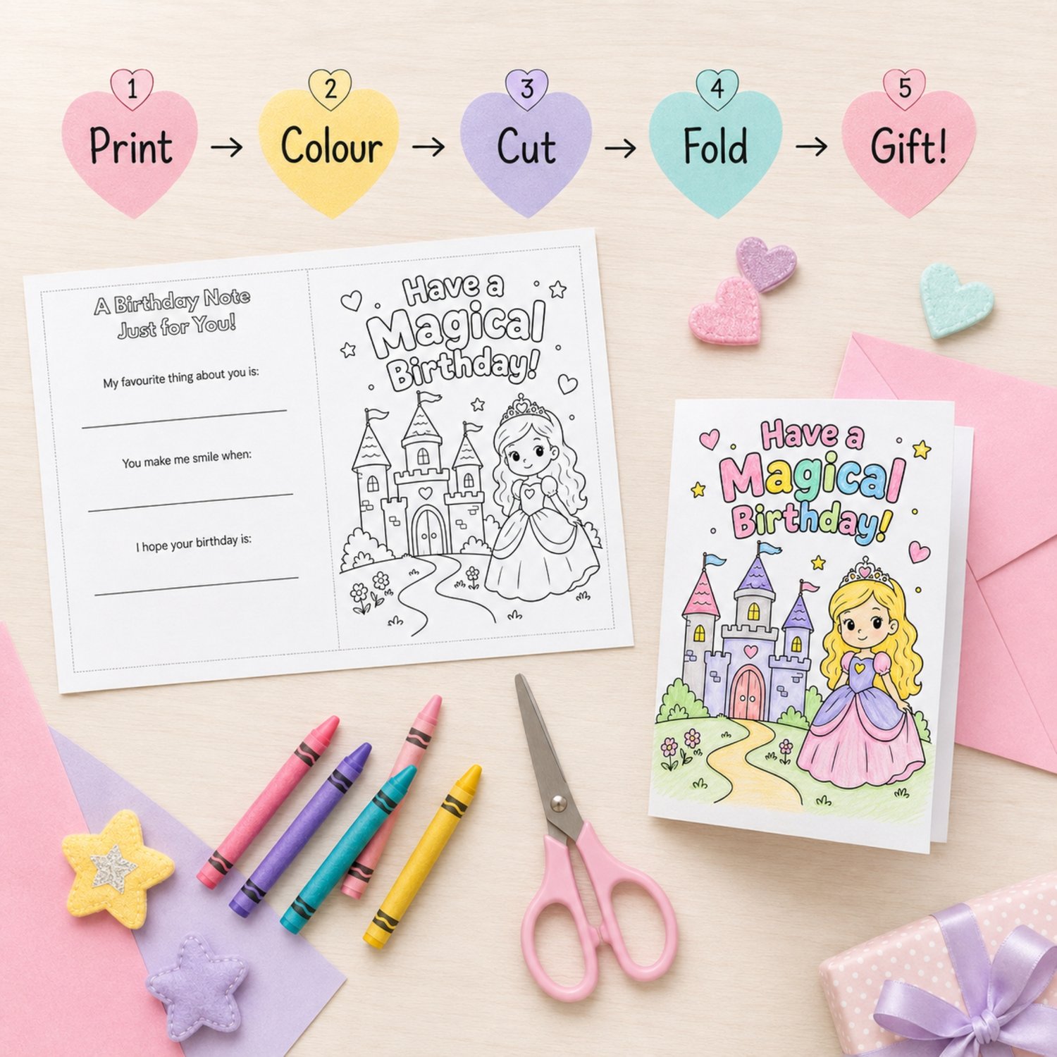 Printable 5 x 7 princess birthday greeting card featuring a black-and-white castle and princess colouring page with “Have a Magical Birthday” on the front and keepsake fill-in prompts on the back.
