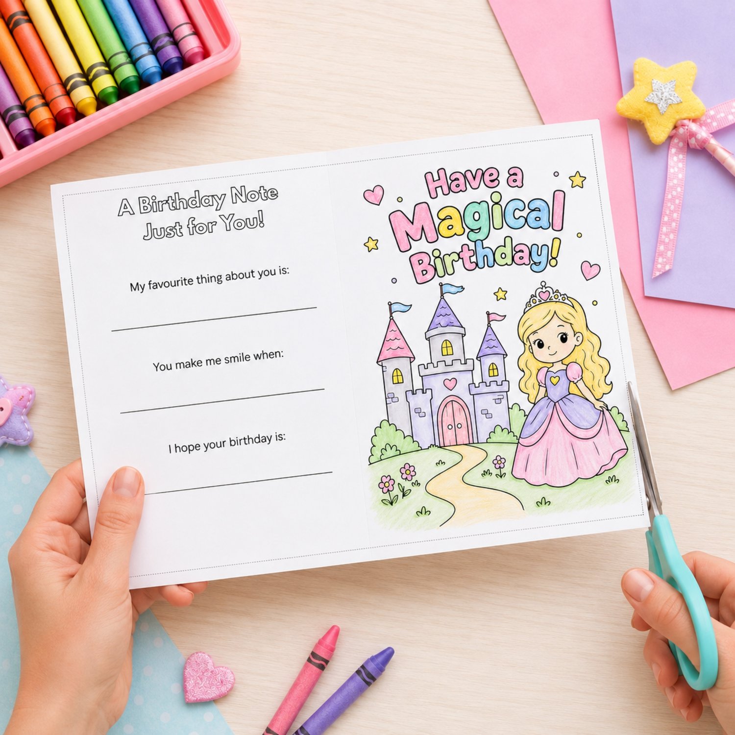 Printable 5 x 7 princess birthday greeting card featuring a black-and-white castle and princess colouring page with “Have a Magical Birthday” on the front and keepsake fill-in prompts on the back.