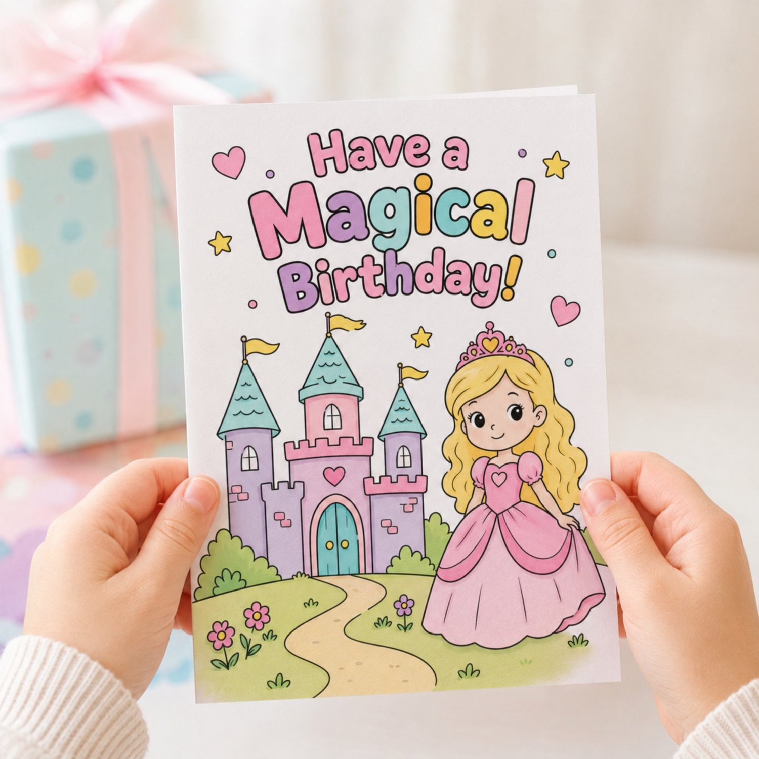 Printable 5 x 7 princess birthday greeting card featuring a black-and-white castle and princess colouring page with “Have a Magical Birthday” on the front and keepsake fill-in prompts on the back.