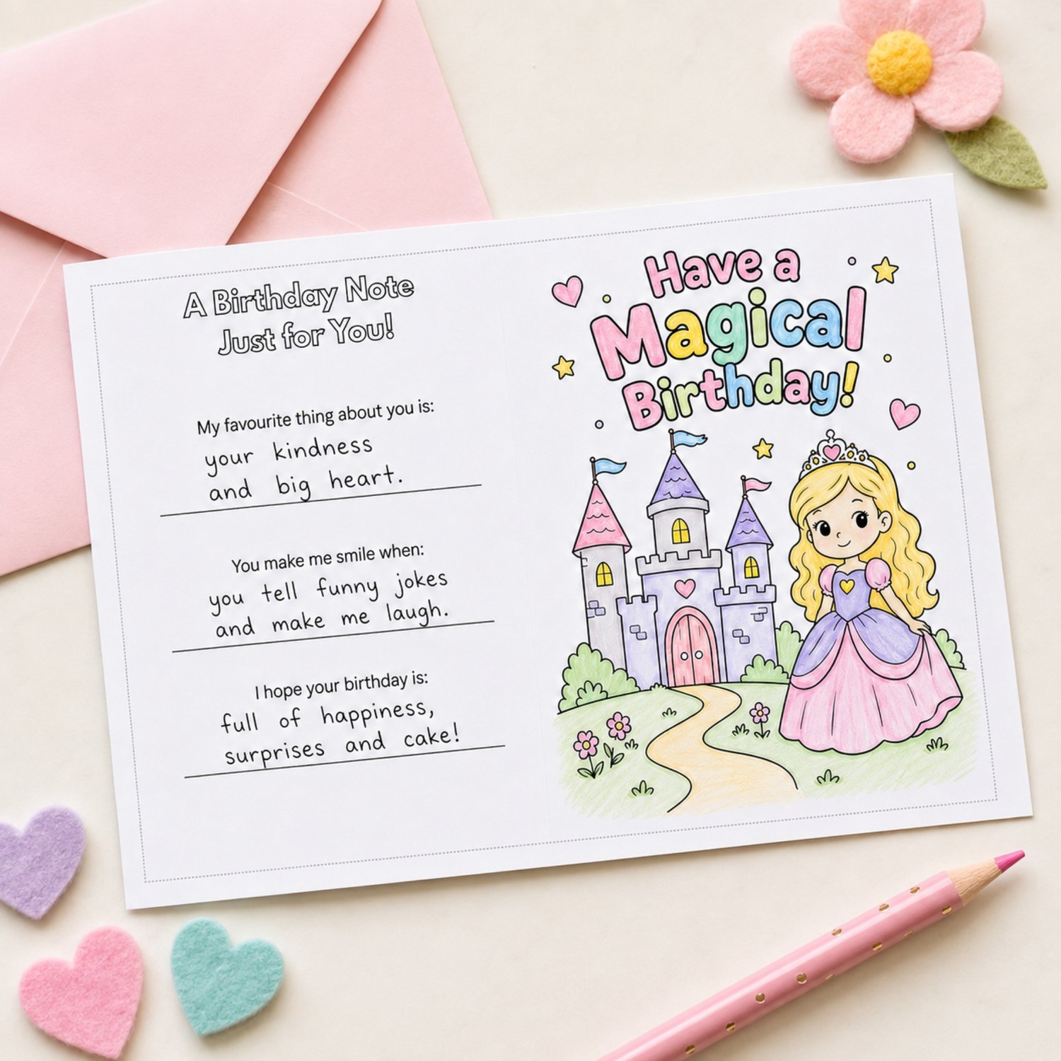 Printable 5 x 7 princess birthday greeting card featuring a black-and-white castle and princess colouring page with “Have a Magical Birthday” on the front and keepsake fill-in prompts on the back.