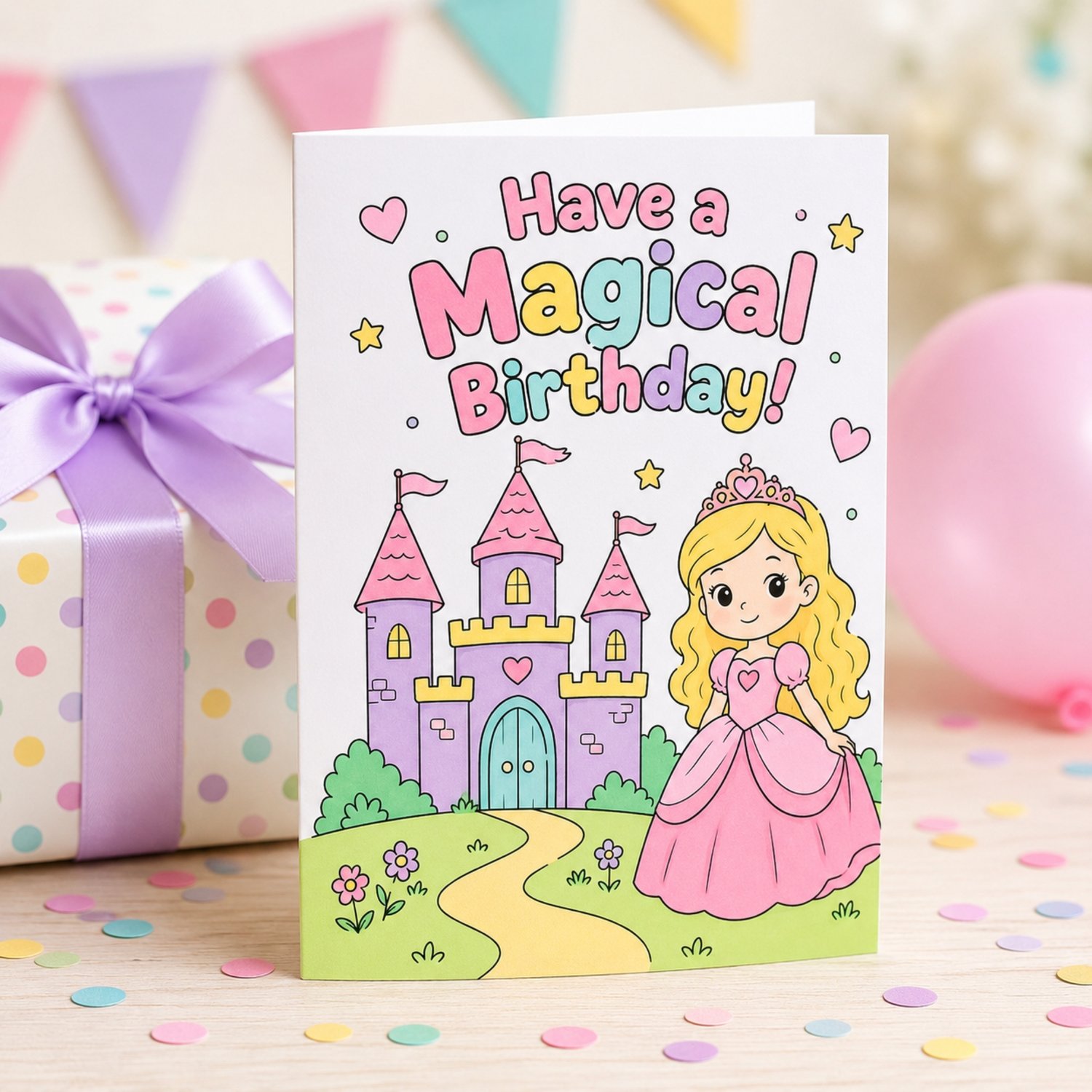 Printable 5 x 7 princess birthday greeting card featuring a black-and-white castle and princess colouring page with “Have a Magical Birthday” on the front and keepsake fill-in prompts on the back.