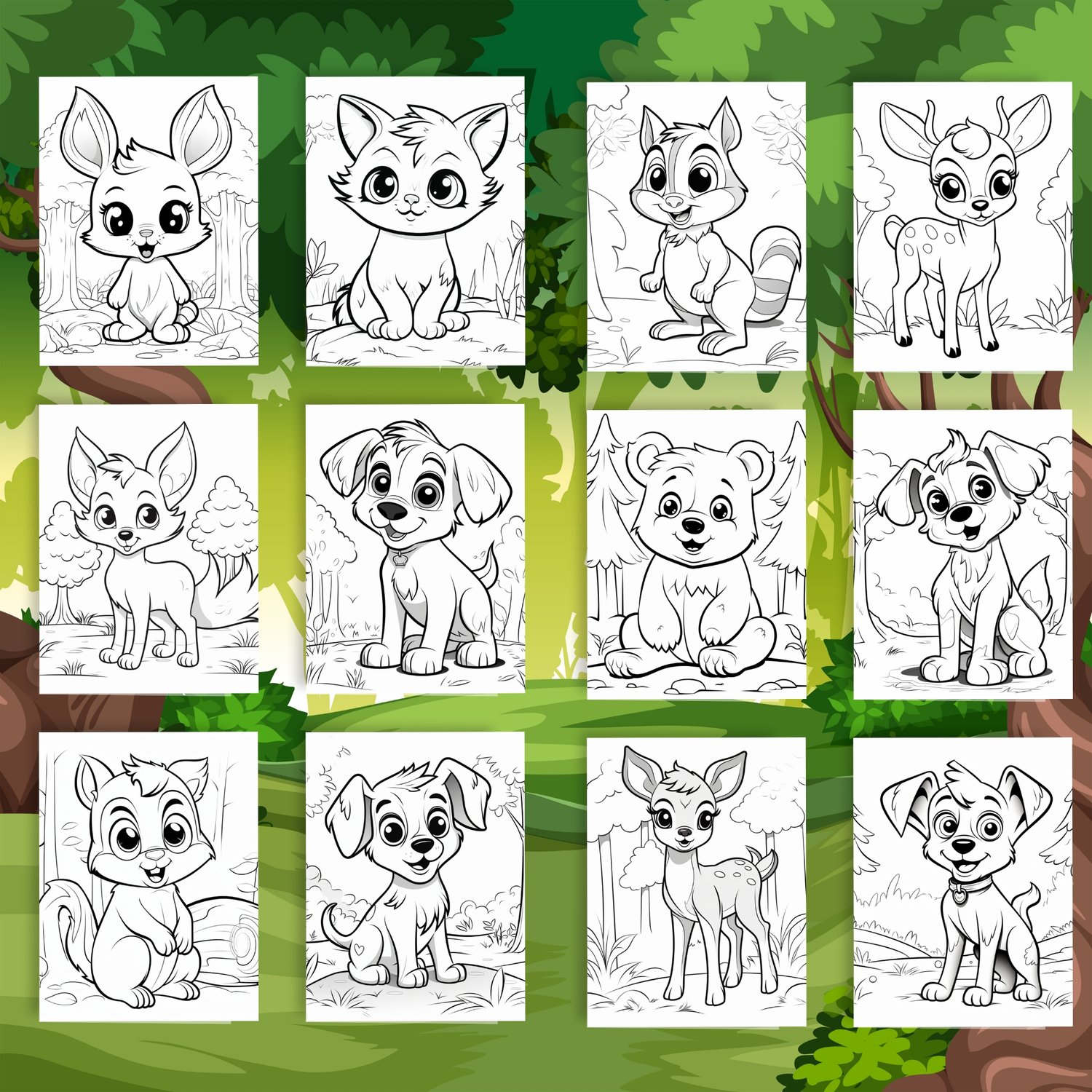 Printable animal coloring pages featuring cute, big-eyed puppies, foxes, owls, deer, bears, and rabbits in black and white, with woodland backgrounds and gray shading.