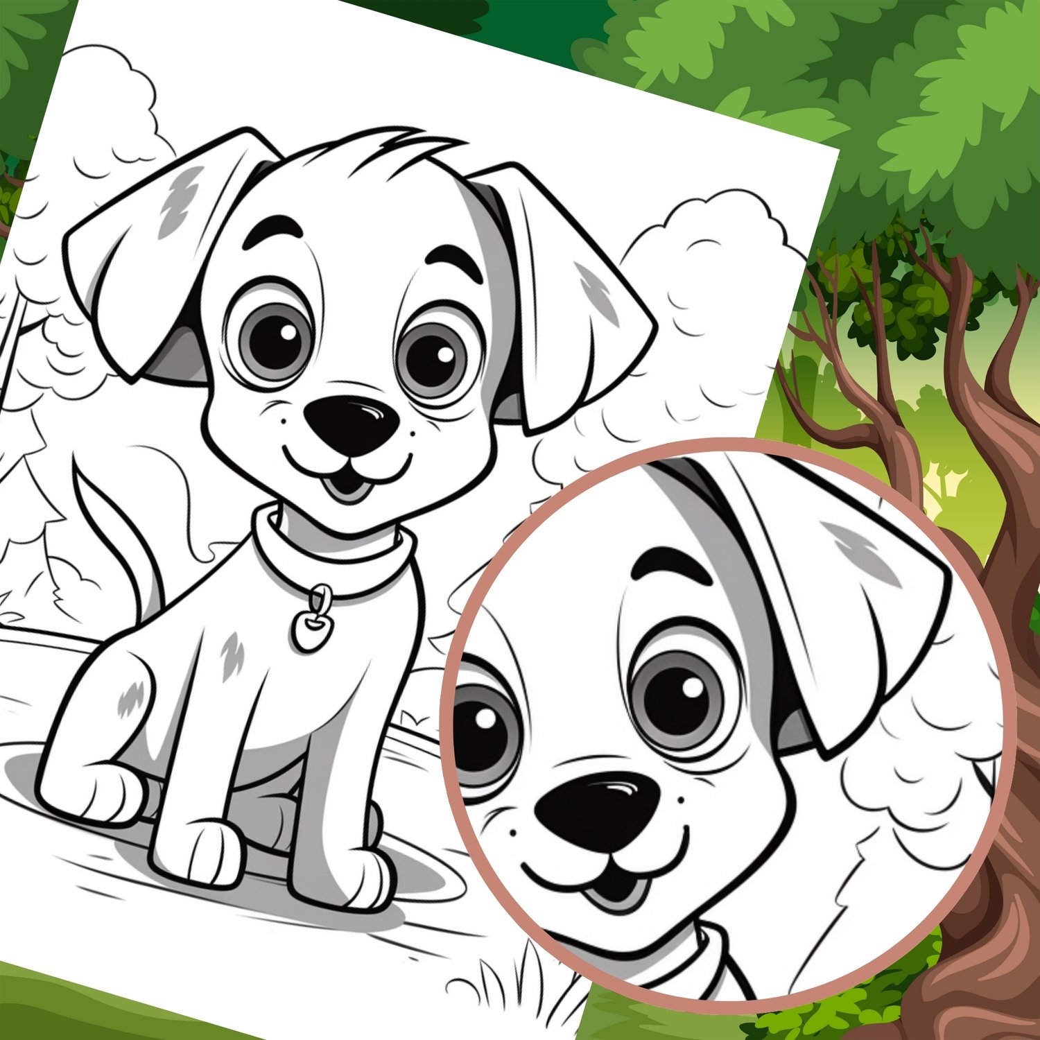 Printable animal coloring pages featuring cute, big-eyed puppies, foxes, owls, deer, bears, and rabbits in black and white, with woodland backgrounds and gray shading.