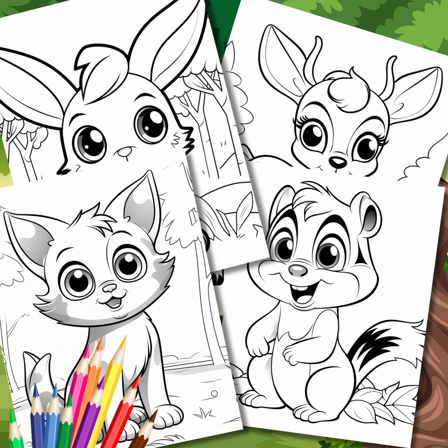 Printable animal coloring pages featuring cute, big-eyed puppies, foxes, owls, deer, bears, and rabbits in black and white, with woodland backgrounds and gray shading.