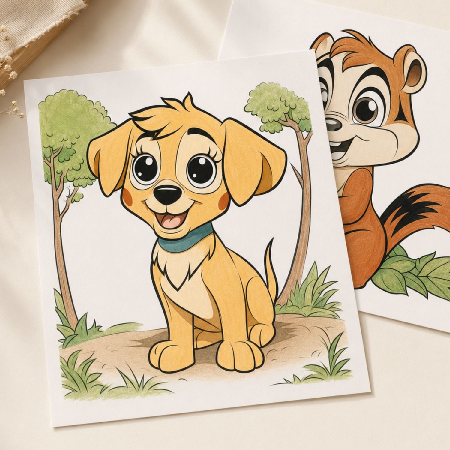 Printable animal coloring pages featuring cute, big-eyed puppies, foxes, owls, deer, bears, and rabbits in black and white, with woodland backgrounds and gray shading.