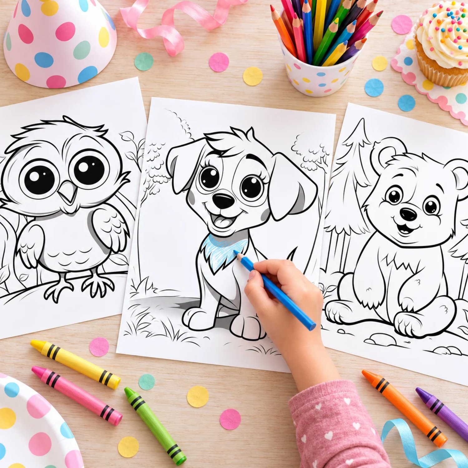 Printable animal coloring pages featuring cute, big-eyed puppies, foxes, owls, deer, bears, and rabbits in black and white, with woodland backgrounds and gray shading.
