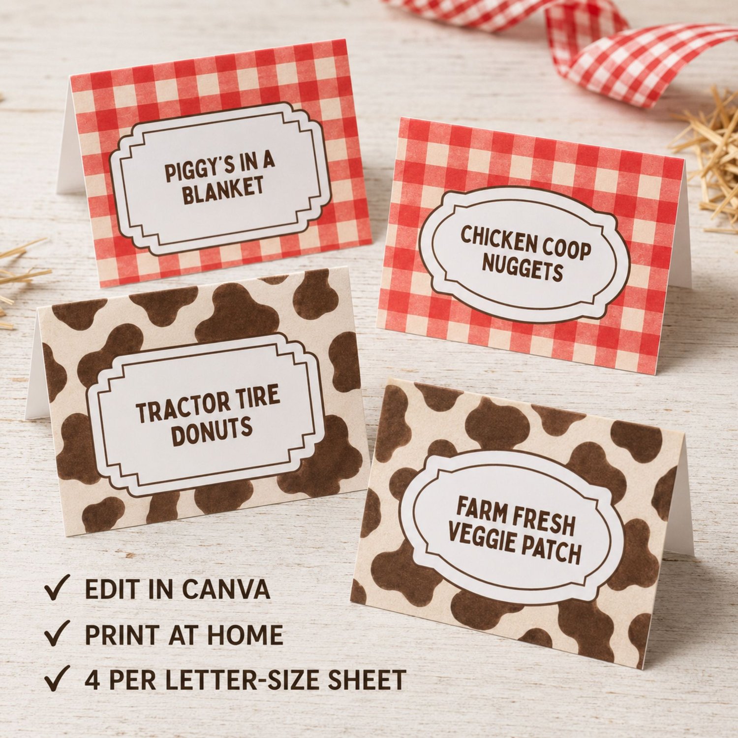 Four editable barnyard birthday folded food-label cards featuring red gingham and brown cow-print patterns with sample farm-themed food names, arranged on a printable letter-size sheet.