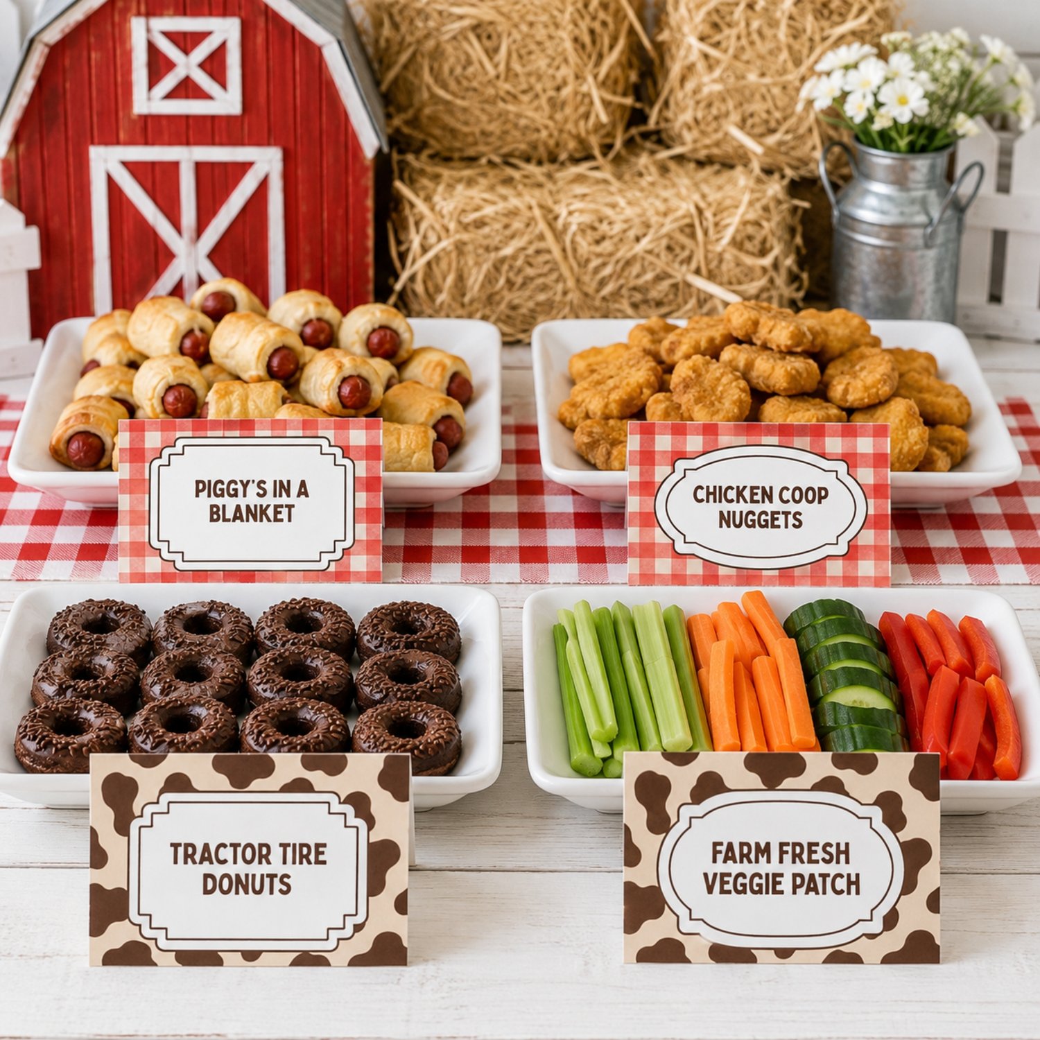 Four editable barnyard birthday folded food-label cards featuring red gingham and brown cow-print patterns with sample farm-themed food names, arranged on a printable letter-size sheet.
