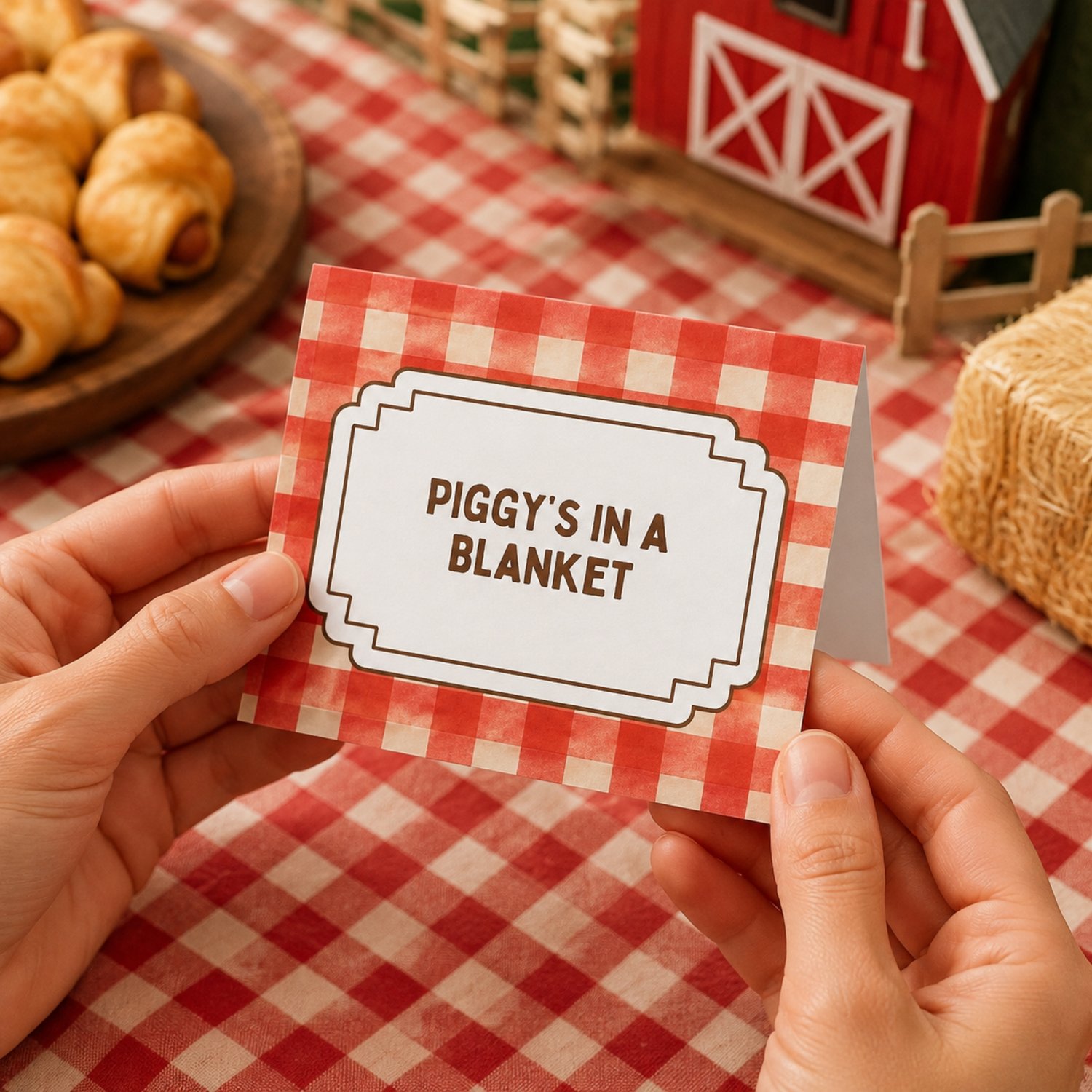 Four editable barnyard birthday folded food-label cards featuring red gingham and brown cow-print patterns with sample farm-themed food names, arranged on a printable letter-size sheet.