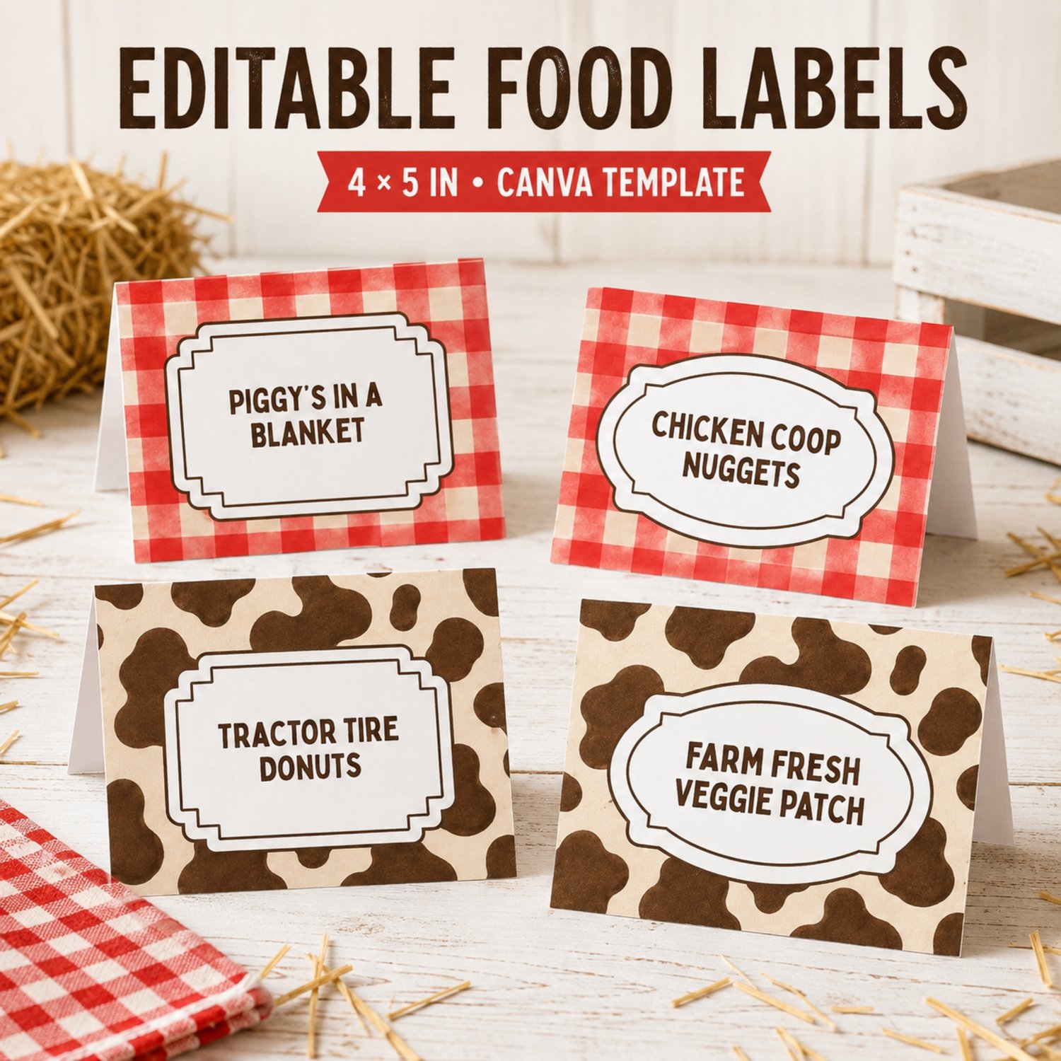 Four editable barnyard birthday folded food-label cards featuring red gingham and brown cow-print patterns with sample farm-themed food names, arranged on a printable letter-size sheet.