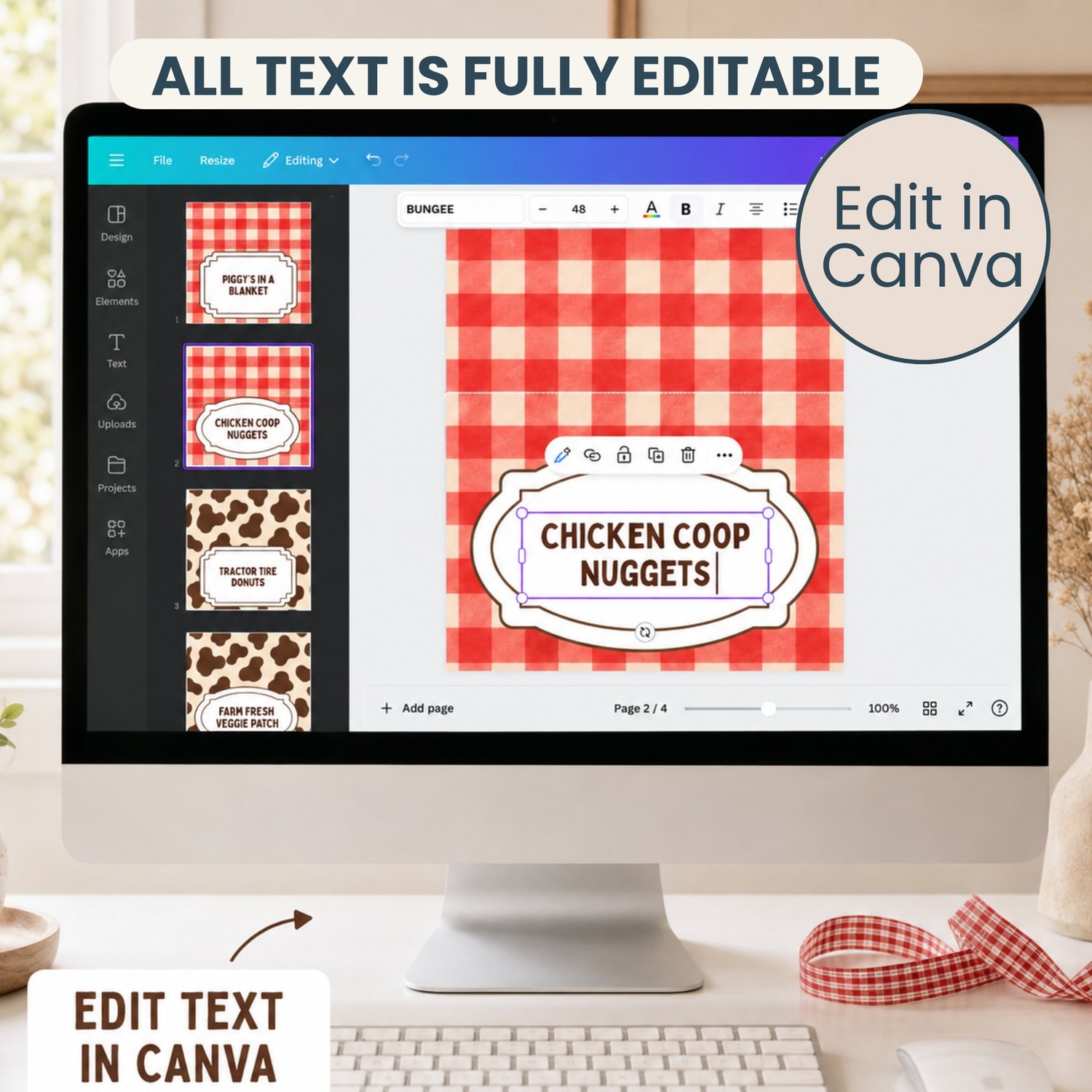 Four editable barnyard birthday folded food-label cards featuring red gingham and brown cow-print patterns with sample farm-themed food names, arranged on a printable letter-size sheet.