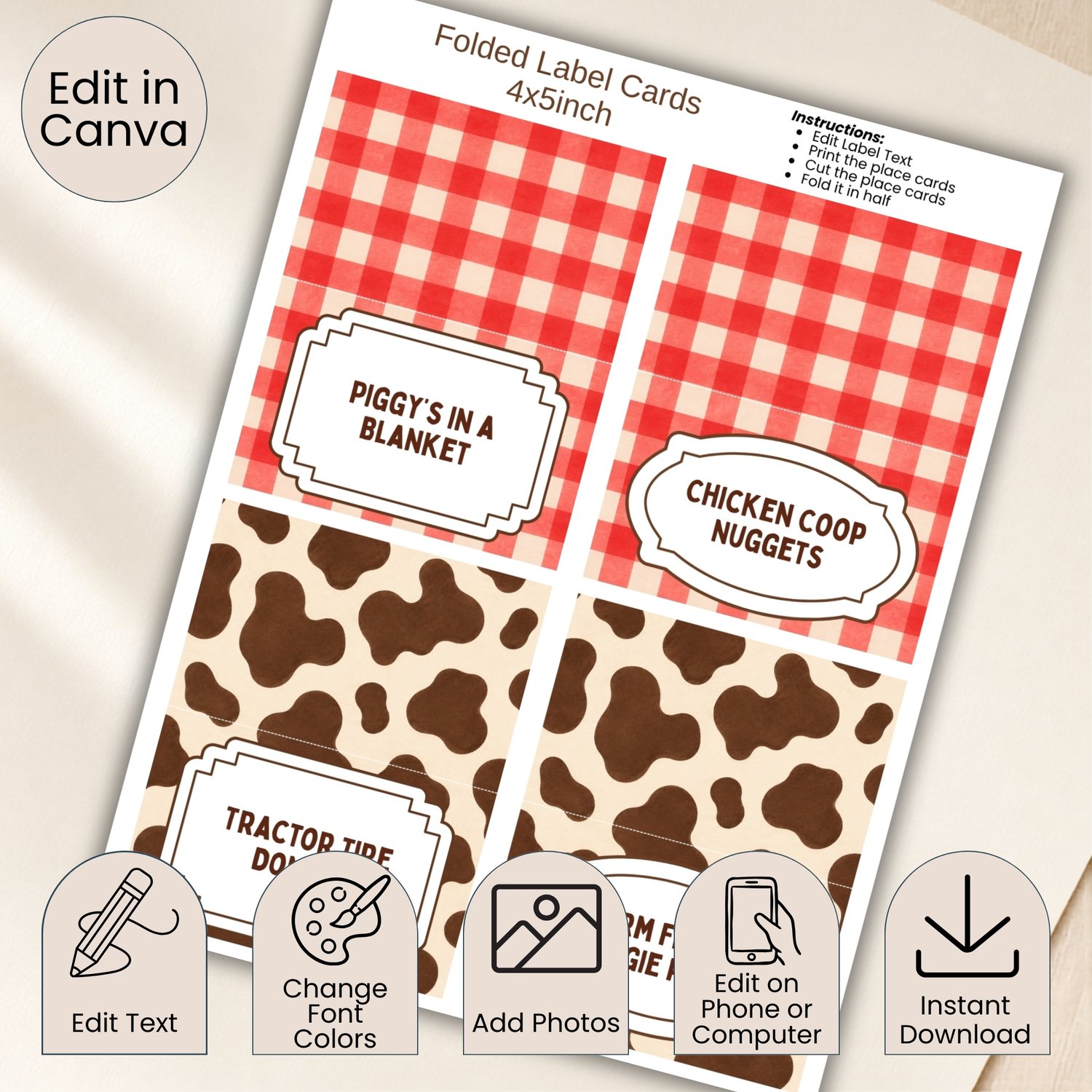 Four editable barnyard birthday folded food-label cards featuring red gingham and brown cow-print patterns with sample farm-themed food names, arranged on a printable letter-size sheet.