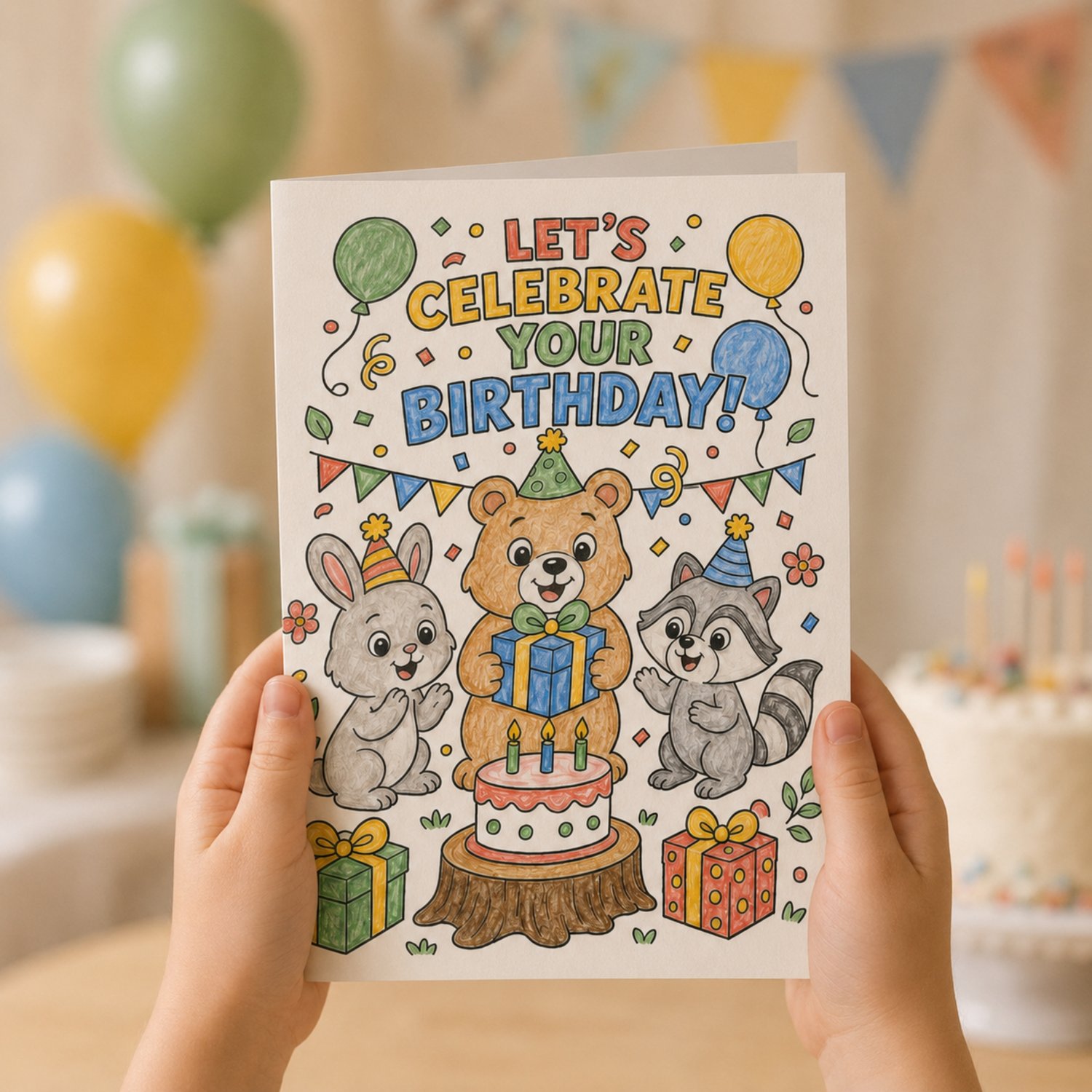 Printable 5 × 7 woodland birthday card featuring a black-and-white colour-in scene with a bear, bunny and racoon