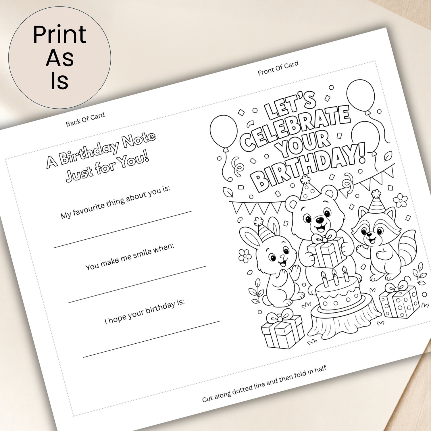 Printable 5 × 7 woodland birthday card featuring a black-and-white colour-in scene with a bear, bunny and racoon