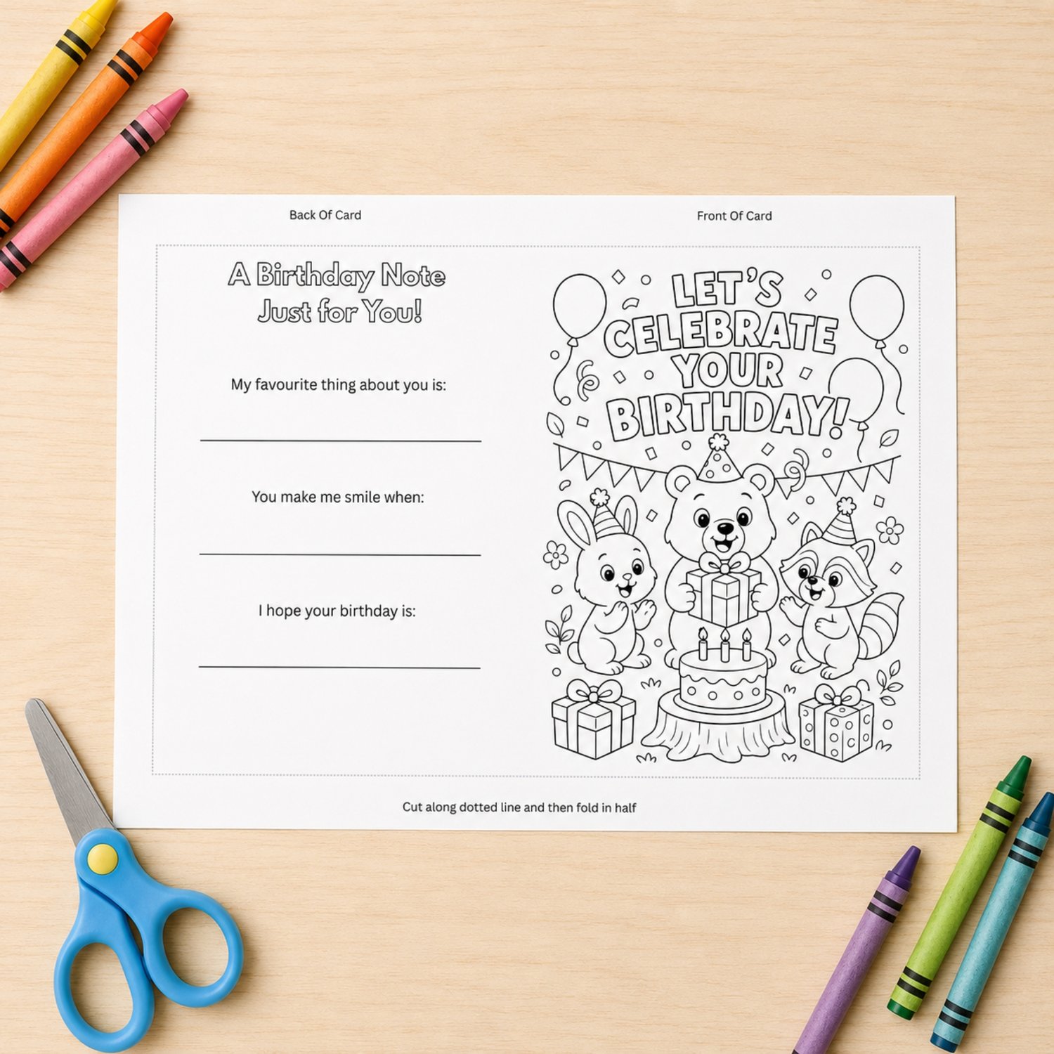 Printable 5 × 7 woodland birthday card featuring a black-and-white colour-in scene with a bear, bunny and racoon