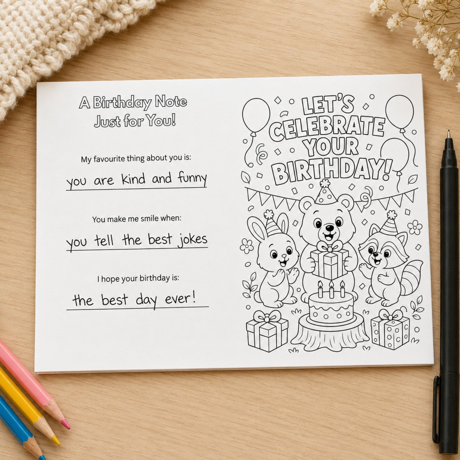 Printable 5 × 7 woodland birthday card featuring a black-and-white colour-in scene with a bear, bunny and racoon