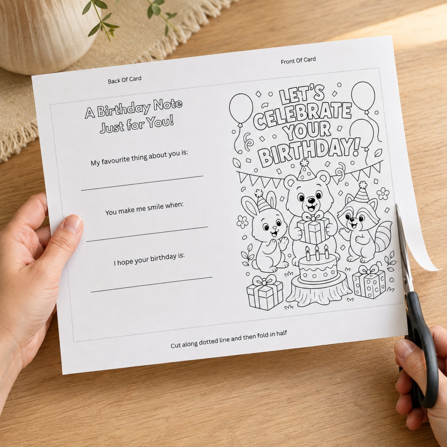 Printable 5 × 7 woodland birthday card featuring a black-and-white colour-in scene with a bear, bunny and racoon