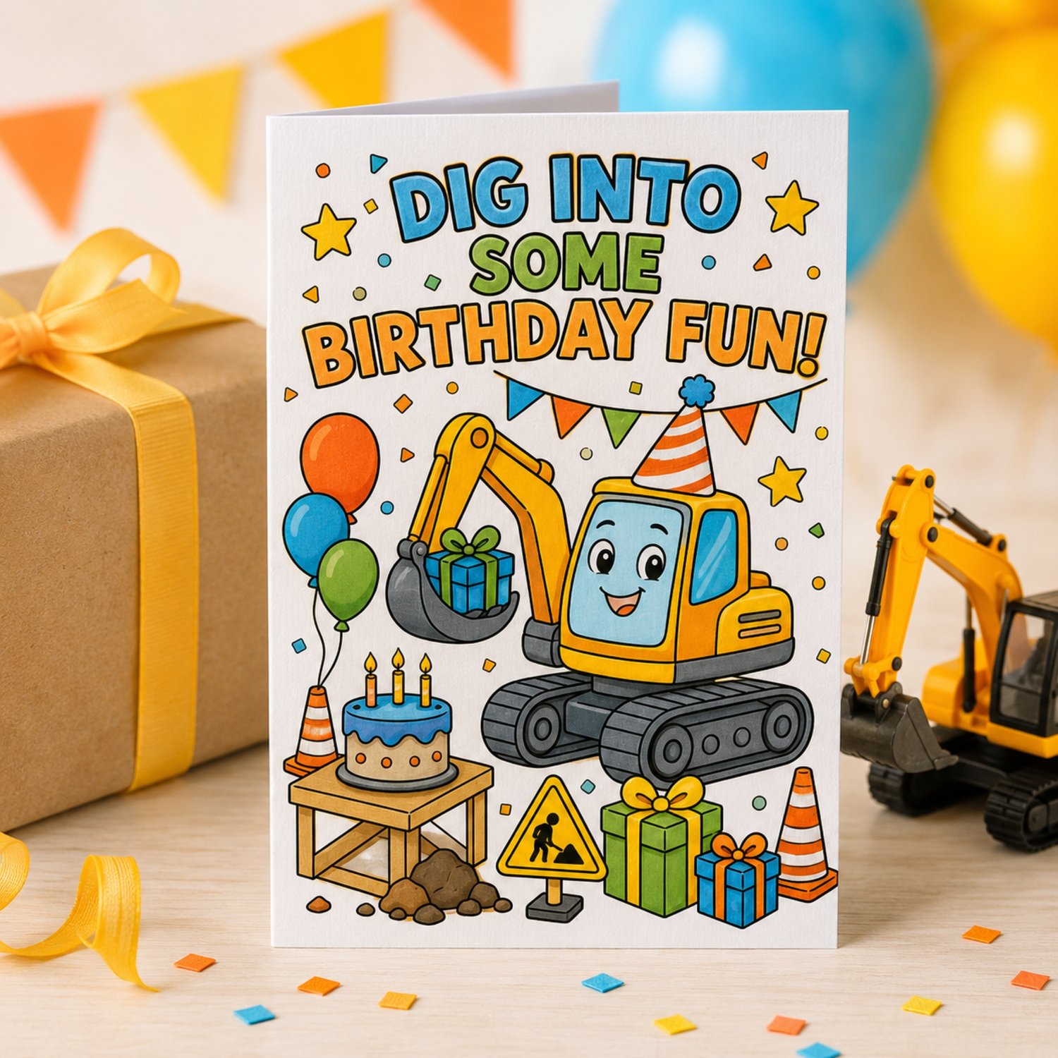 Printable construction birthday card for kids featuring a smiling excavator, balloons, cake and gifts to colour, with three keepsake birthday prompts on the back.