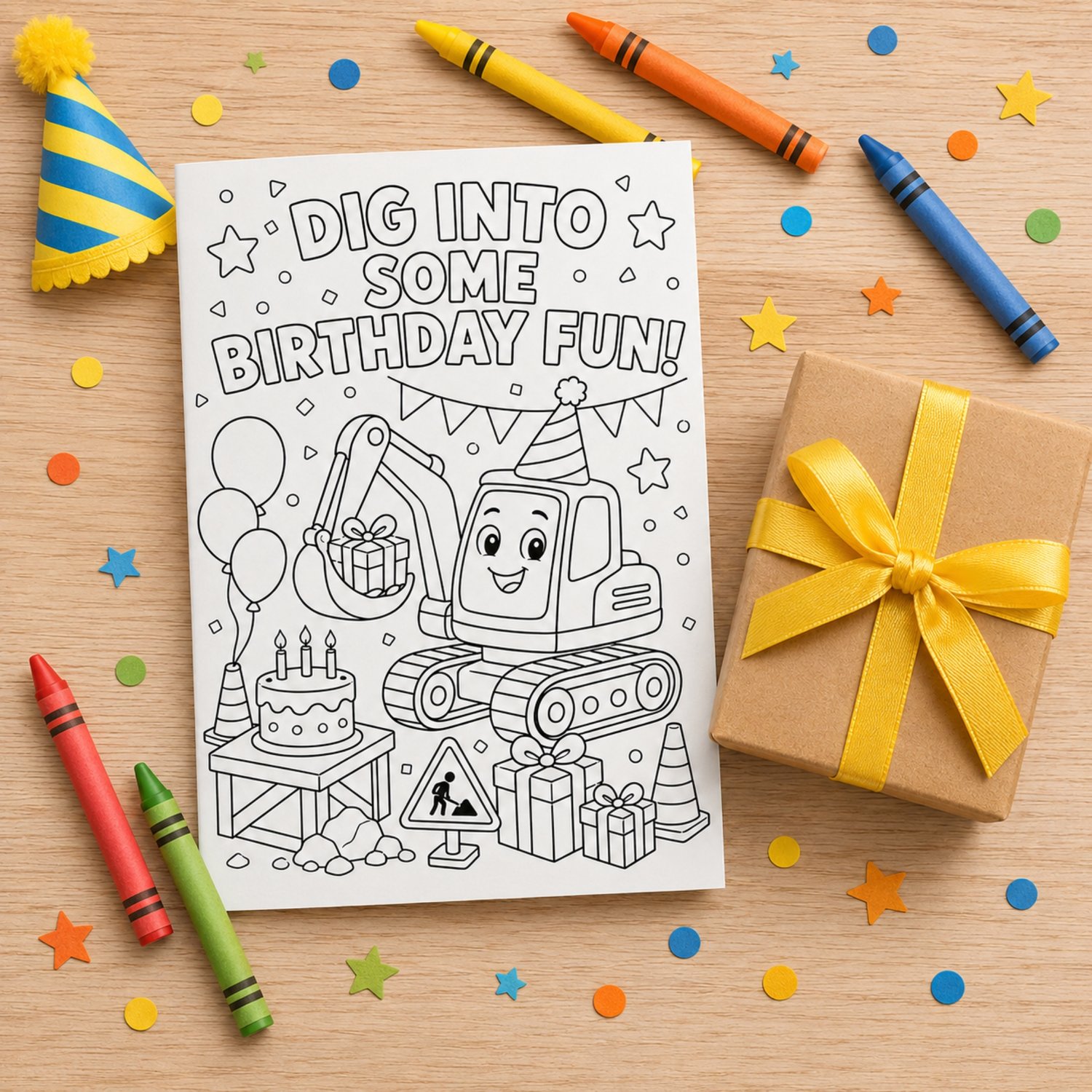 Printable construction birthday card for kids featuring a smiling excavator, balloons, cake and gifts to colour, with three keepsake birthday prompts on the back.