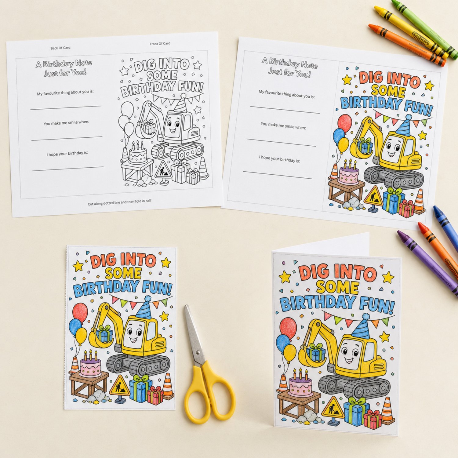 Printable construction birthday card for kids featuring a smiling excavator, balloons, cake and gifts to colour, with three keepsake birthday prompts on the back.