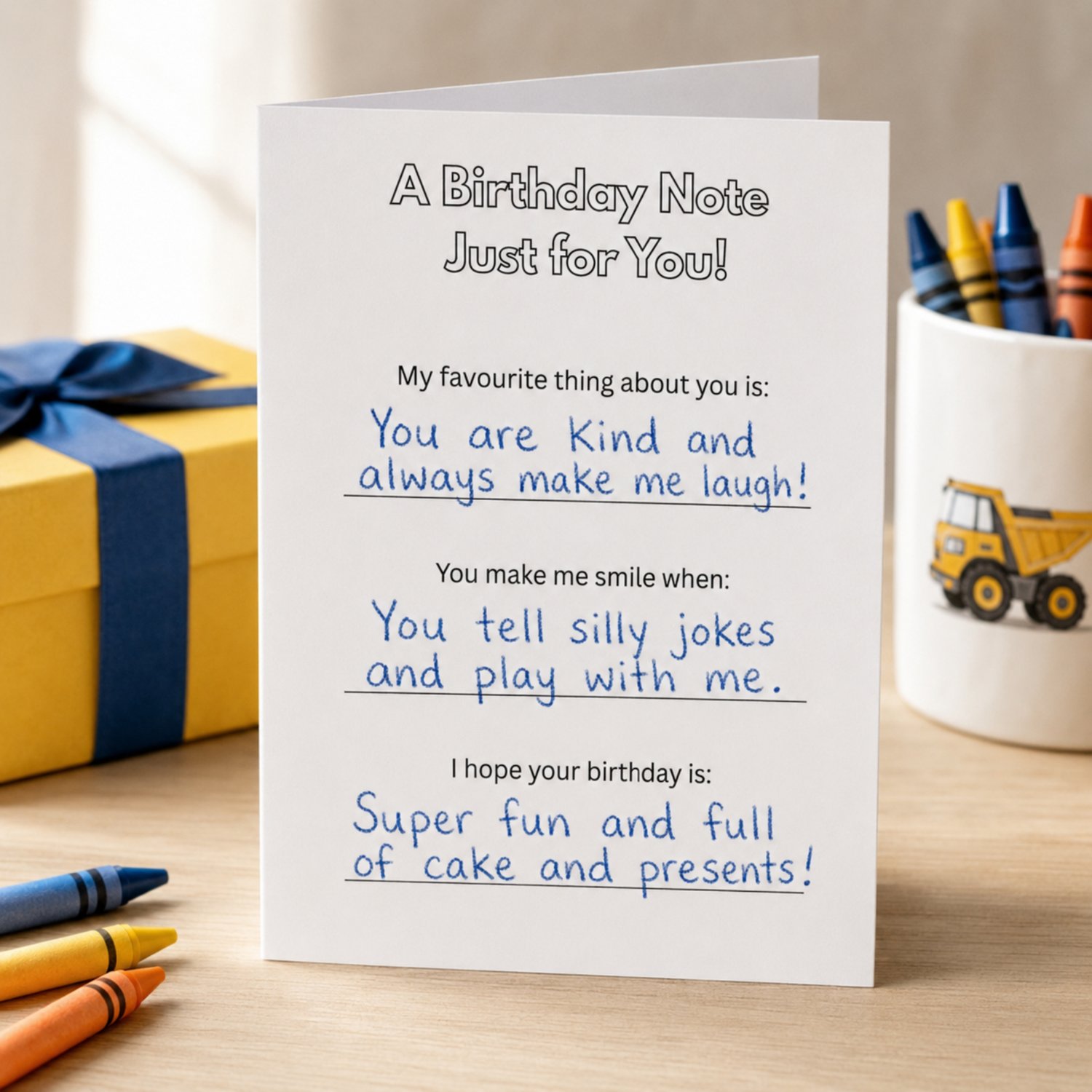 Printable construction birthday card for kids featuring a smiling excavator, balloons, cake and gifts to colour, with three keepsake birthday prompts on the back.