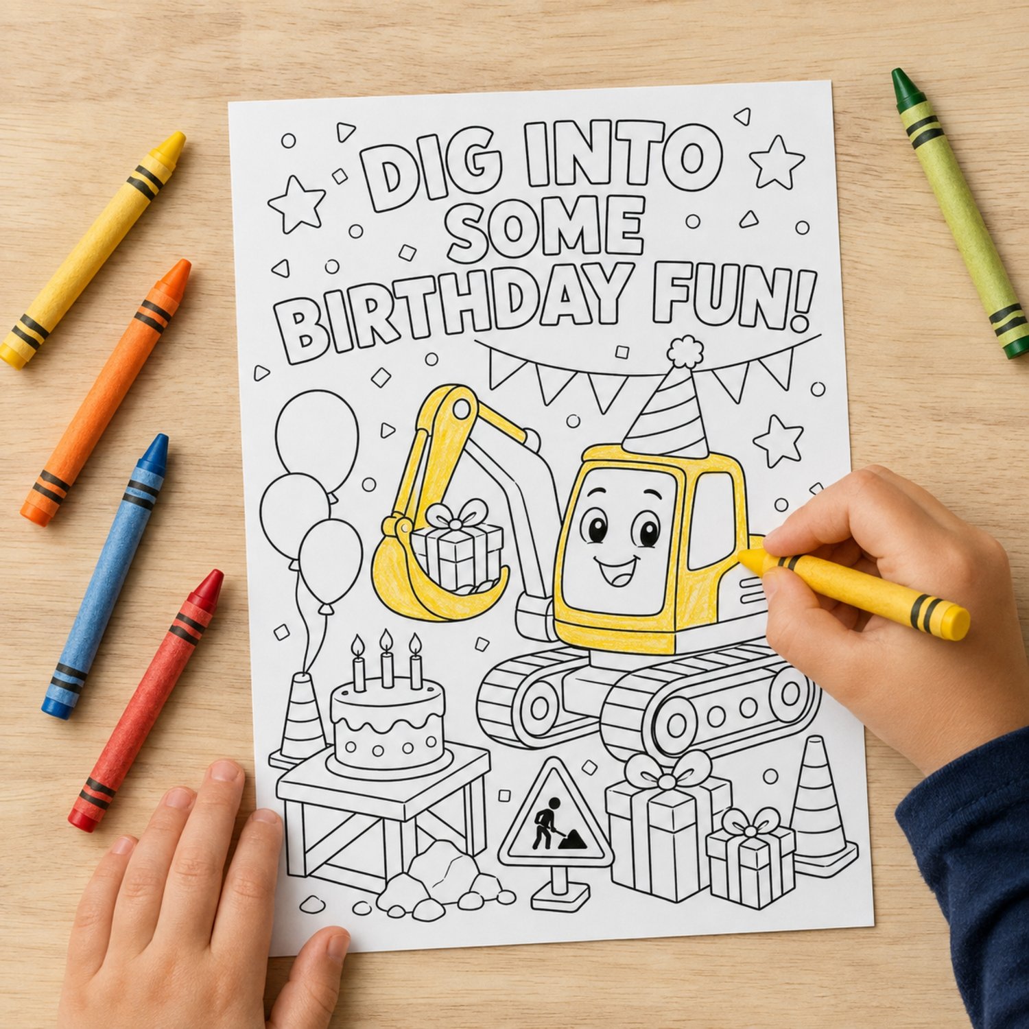 Printable construction birthday card for kids featuring a smiling excavator, balloons, cake and gifts to colour, with three keepsake birthday prompts on the back.