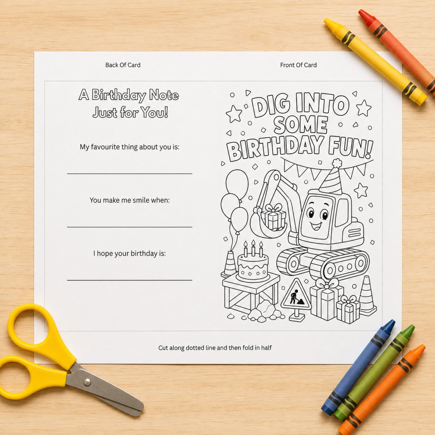 Printable construction birthday card for kids featuring a smiling excavator, balloons, cake and gifts to colour, with three keepsake birthday prompts on the back.