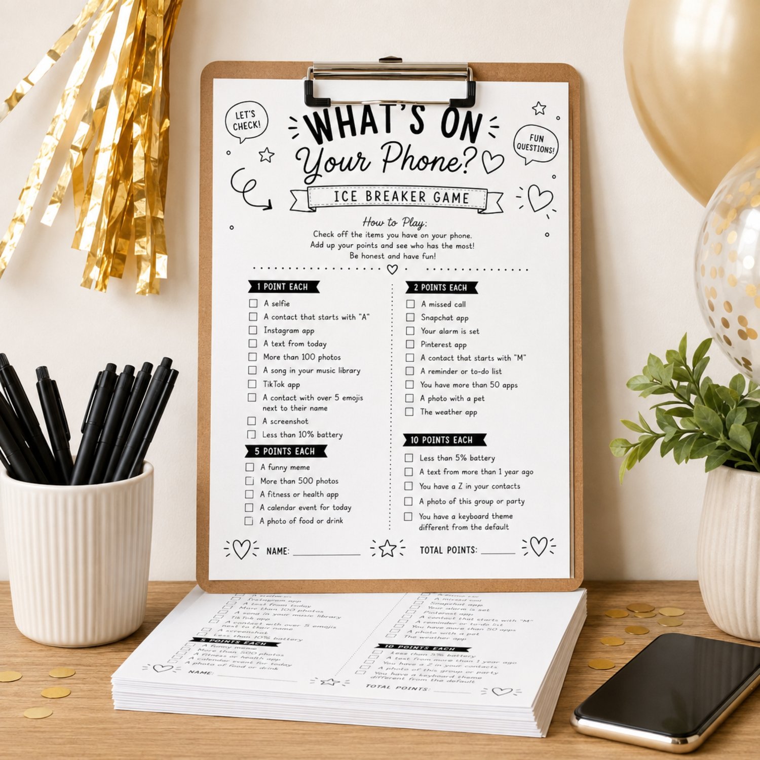 Black-and-white What’s on Your Phone printable icebreaker game with phone-related questions, checkboxes and point values for parties and group gatherings.