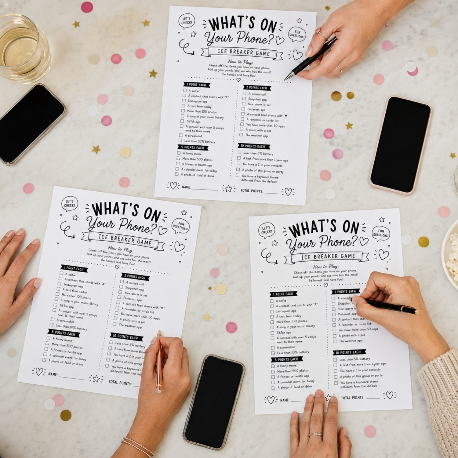 Black-and-white What’s on Your Phone printable icebreaker game with phone-related questions, checkboxes and point values for parties and group gatherings.