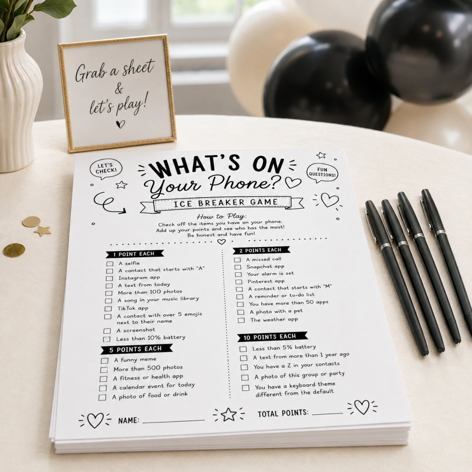 Black-and-white What’s on Your Phone printable icebreaker game with phone-related questions, checkboxes and point values for parties and group gatherings.