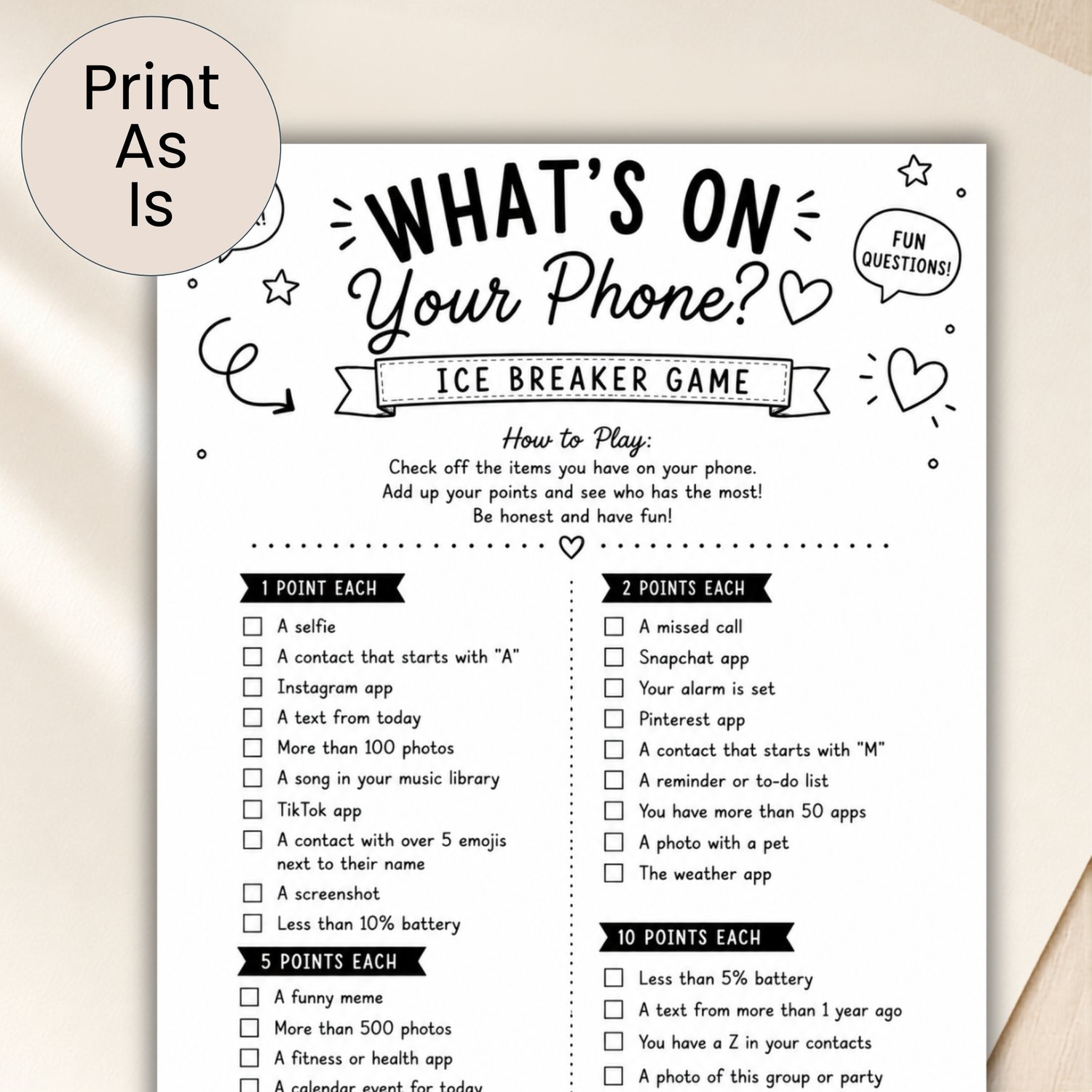 Black-and-white What’s on Your Phone printable icebreaker game with phone-related questions, checkboxes and point values for parties and group gatherings.