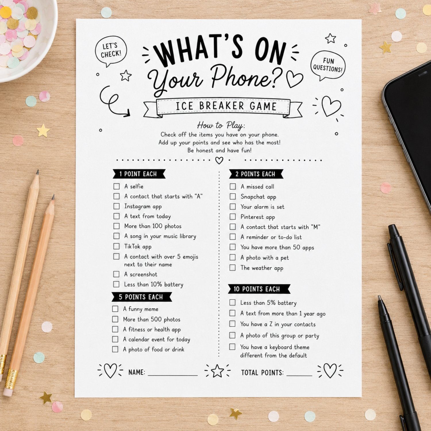 Black-and-white What’s on Your Phone printable icebreaker game with phone-related questions, checkboxes and point values for parties and group gatherings.