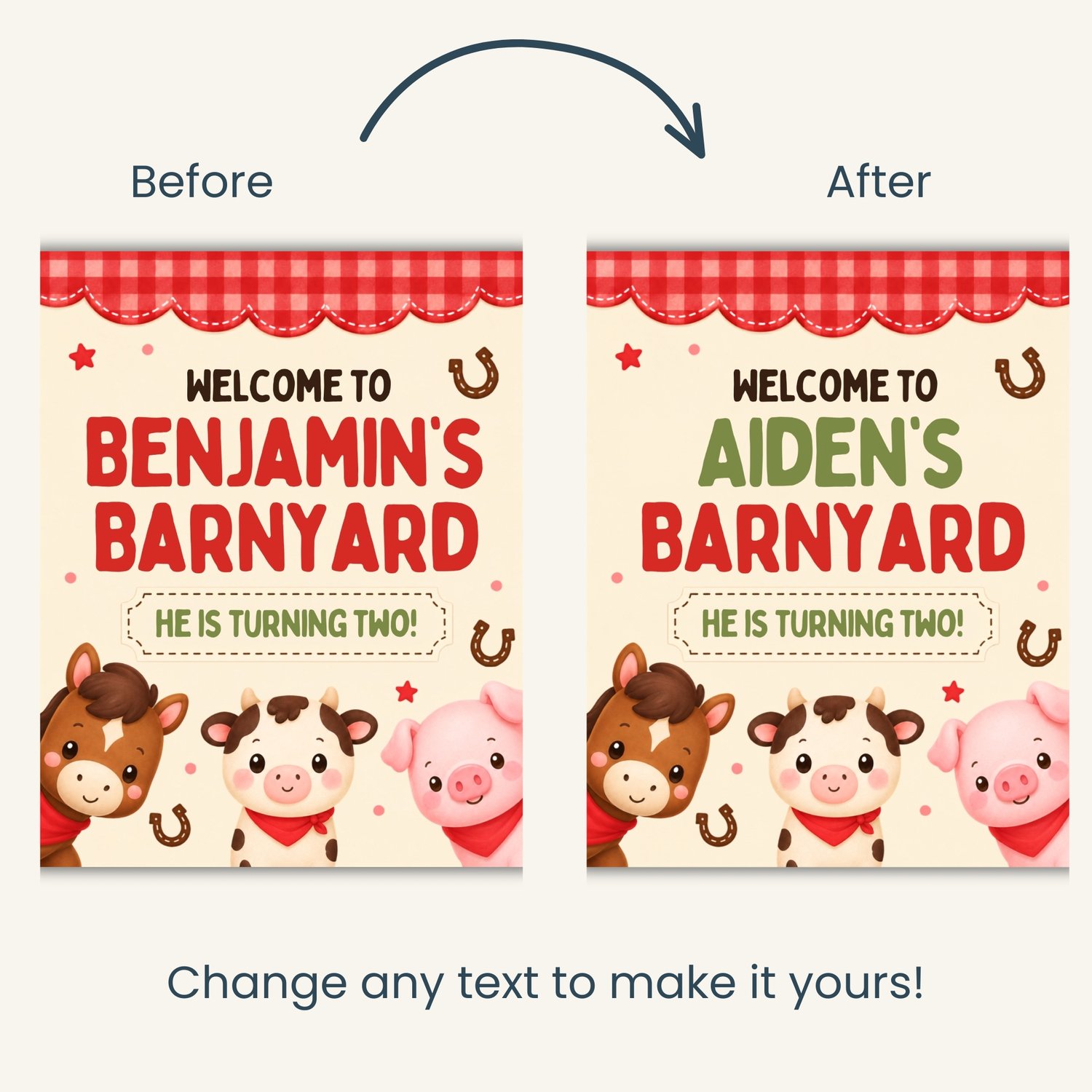 Editable barnyard birthday party bundle featuring cute horse, cow and pig farm animals with red gingham invitation, welcome signs, cupcake toppers, food labels, favor tags, water bottle labels and party decorations.