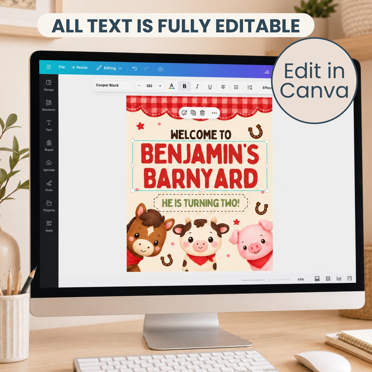 Editable barnyard birthday party bundle featuring cute horse, cow and pig farm animals with red gingham invitation, welcome signs, cupcake toppers, food labels, favor tags, water bottle labels and party decorations.