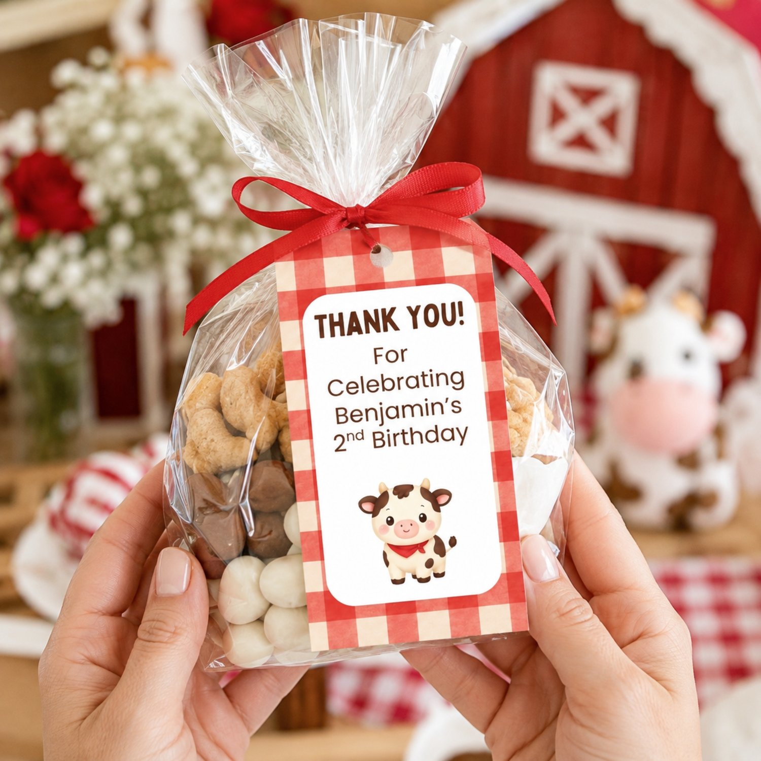 Editable barnyard birthday party bundle featuring cute horse, cow and pig farm animals with red gingham invitation, welcome signs, cupcake toppers, food labels, favor tags, water bottle labels and party decorations.
