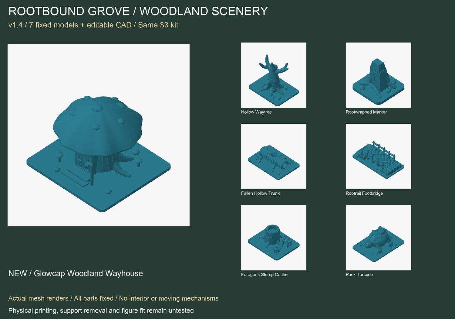 Rootbound Grove v1.4: Glowcap Woodland Wayhouse and six other models, actual mesh renders; physical printing untested.