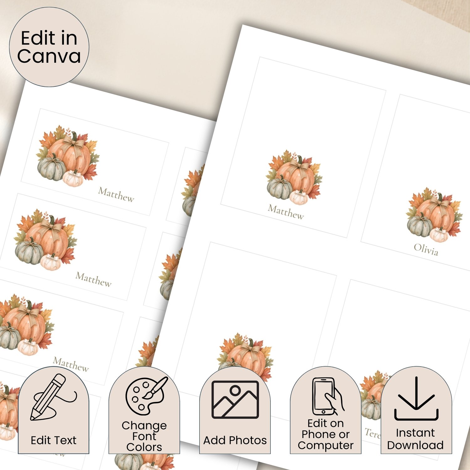 Editable fall place card templates featuring watercolor orange, sage and cream pumpkins with rustic bows and autumn leaves. Includes printable flat and folded tent name cards for Thanksgiving dinners, Friendsgiving and fall celebrations.