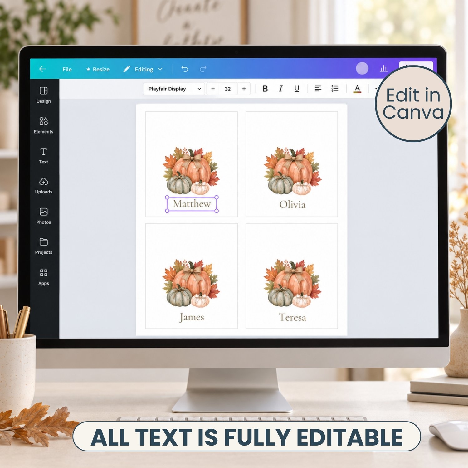 Editable fall place card templates featuring watercolor orange, sage and cream pumpkins with rustic bows and autumn leaves. Includes printable flat and folded tent name cards for Thanksgiving dinners, Friendsgiving and fall celebrations.
